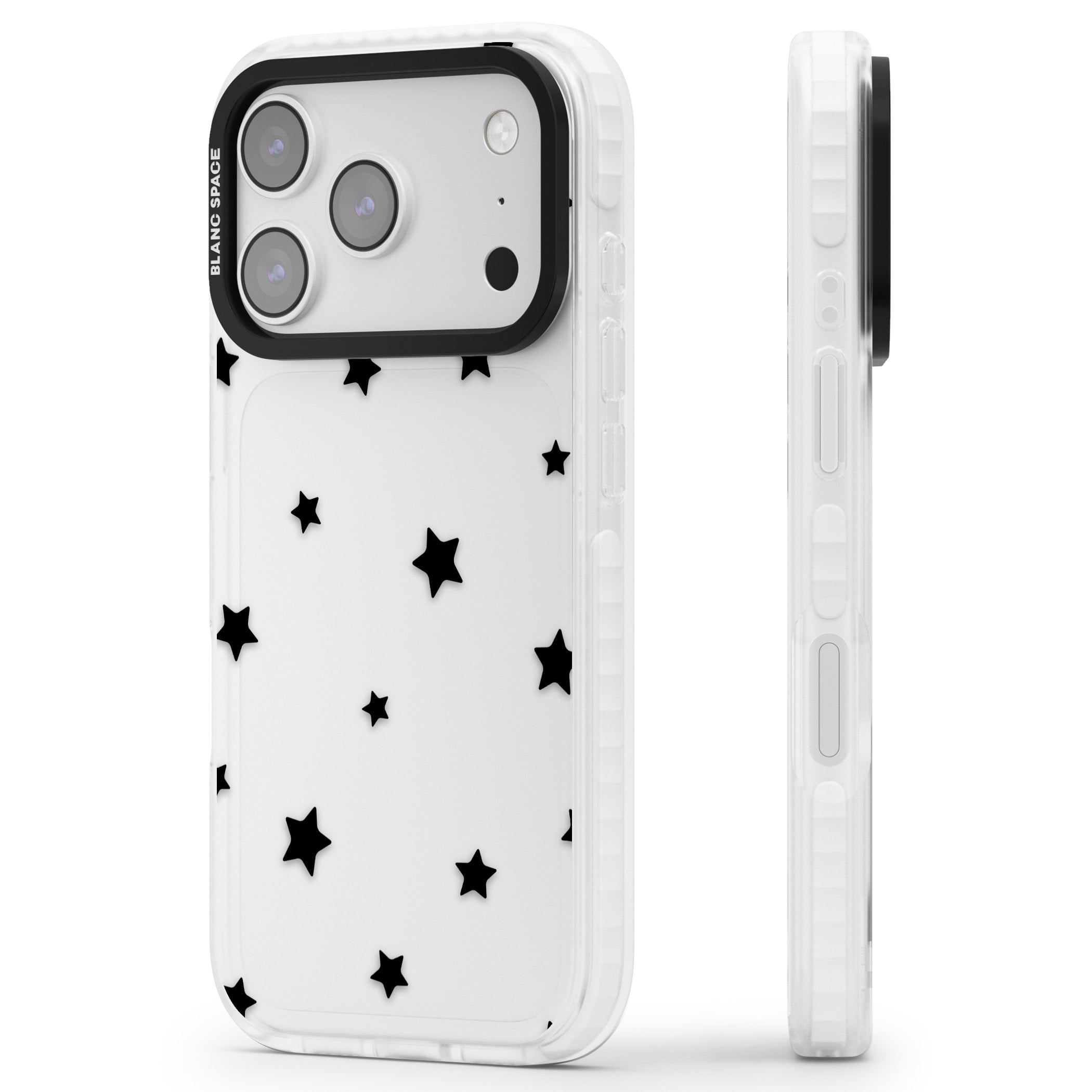 Starry Night Black Stars iPhone 17 Pro Impact Clear Phone Case Side Profile
