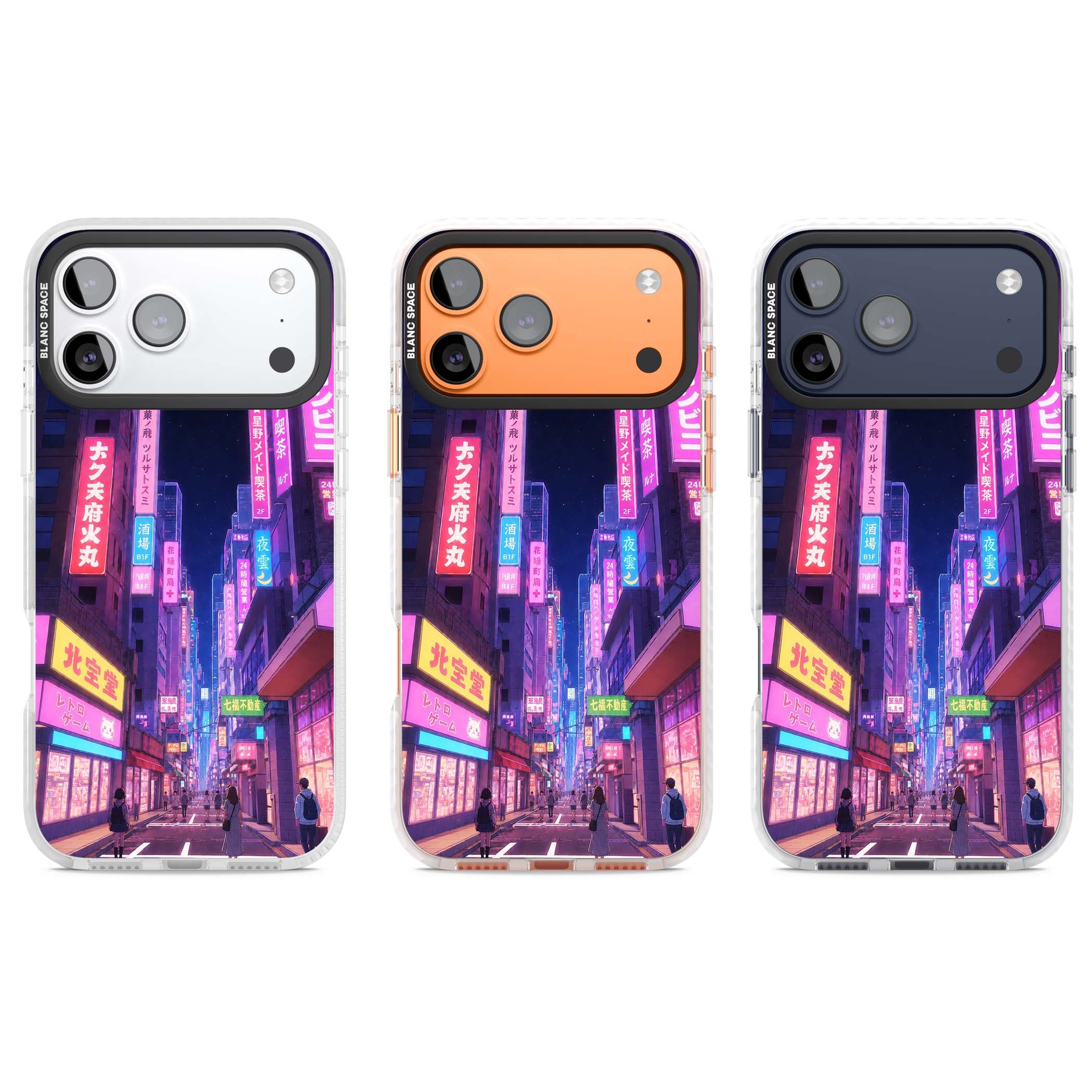 Shibuya At Night Japanese neon city iPhone case featuring glowing kanji signs, pink storefronts and a Tokyo street at n | Black Impact case for iPhone 17 Pro, iPhone 17 Pro Max