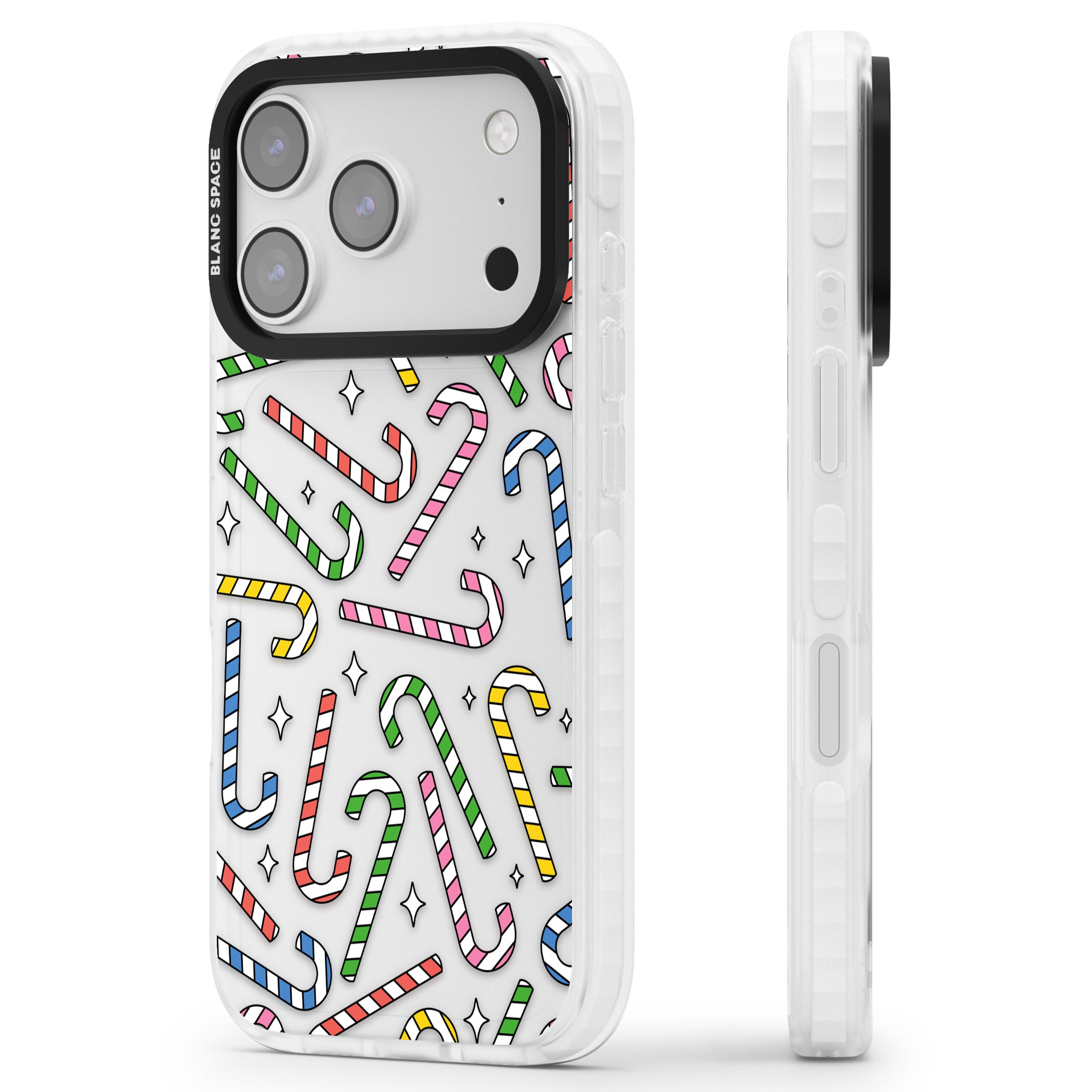 Colourful Stars & Candy Canes iPhone 17 Pro Impact Clear Phone Case Side Profile