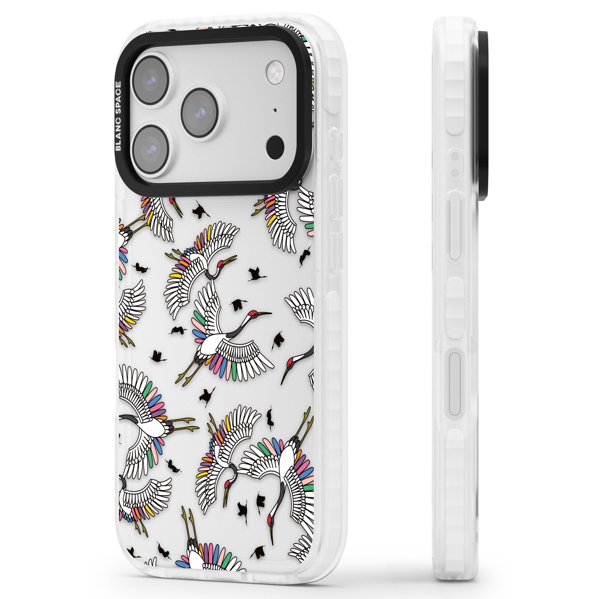 Colourful Crane Pattern iPhone 17 Pro Impact Clear Phone Case Side Profile