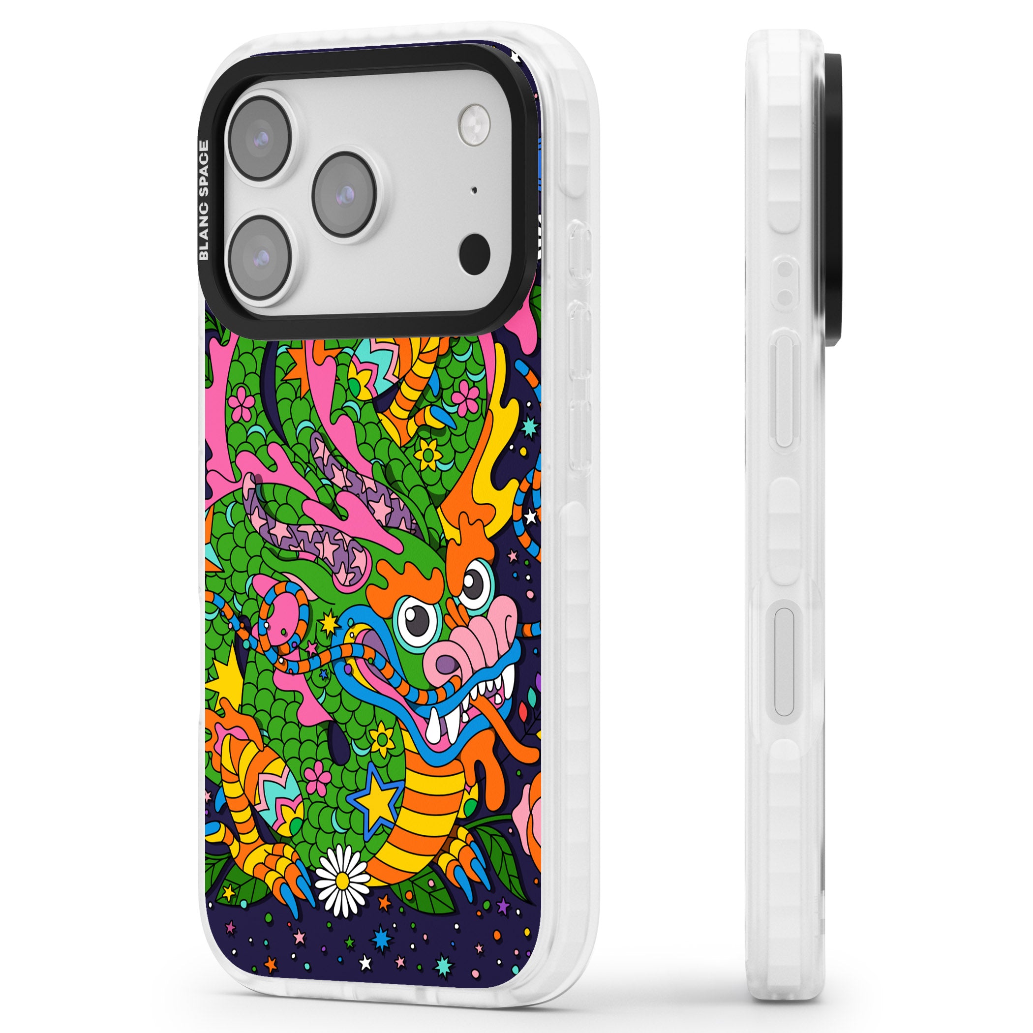 Psychedelic Jungle Dragon (Purple) iPhone 17 Pro Impact Clear Phone Case Side Profile