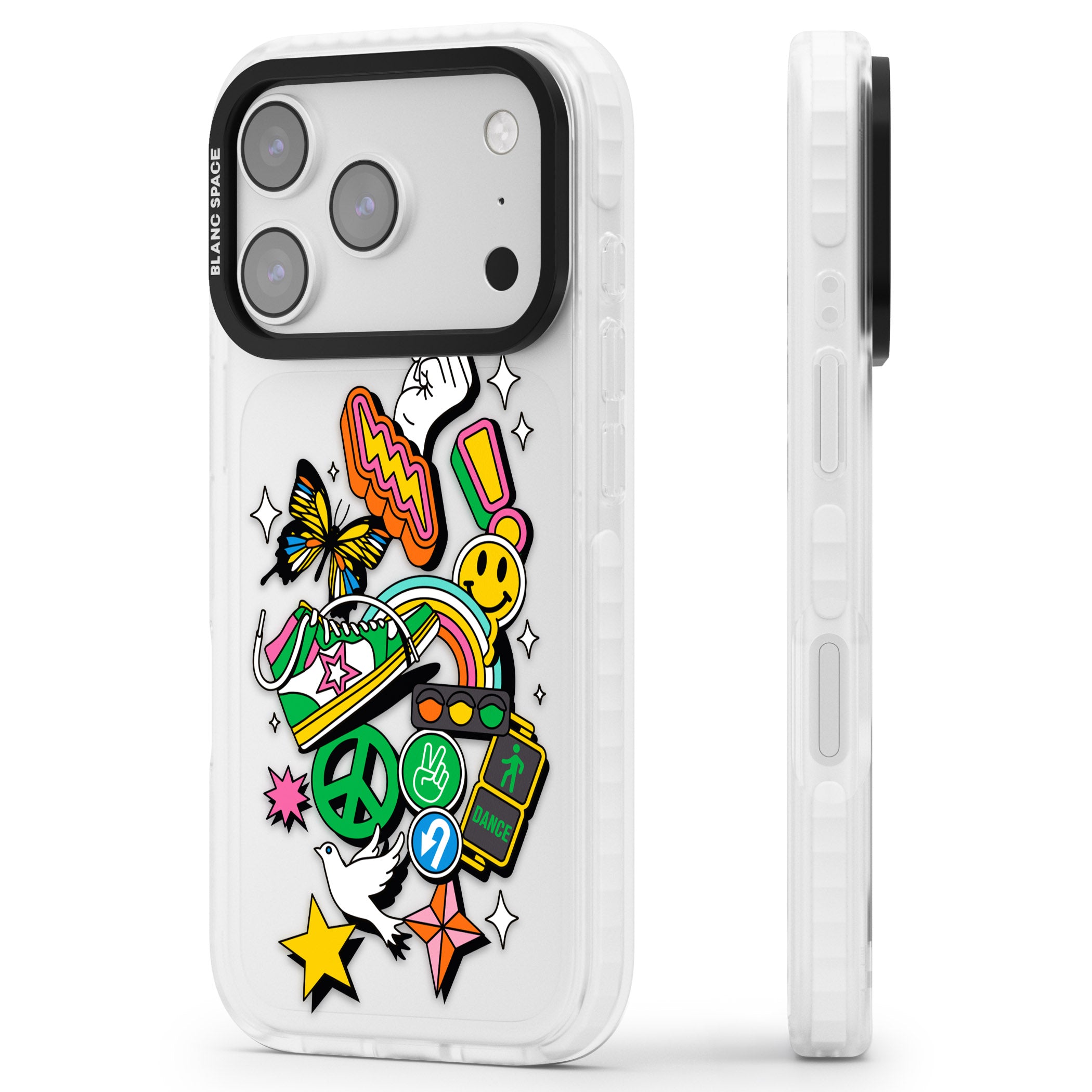 Nostalgic Sticker Collage iPhone 17 Pro Impact Clear Phone Case Side Profile