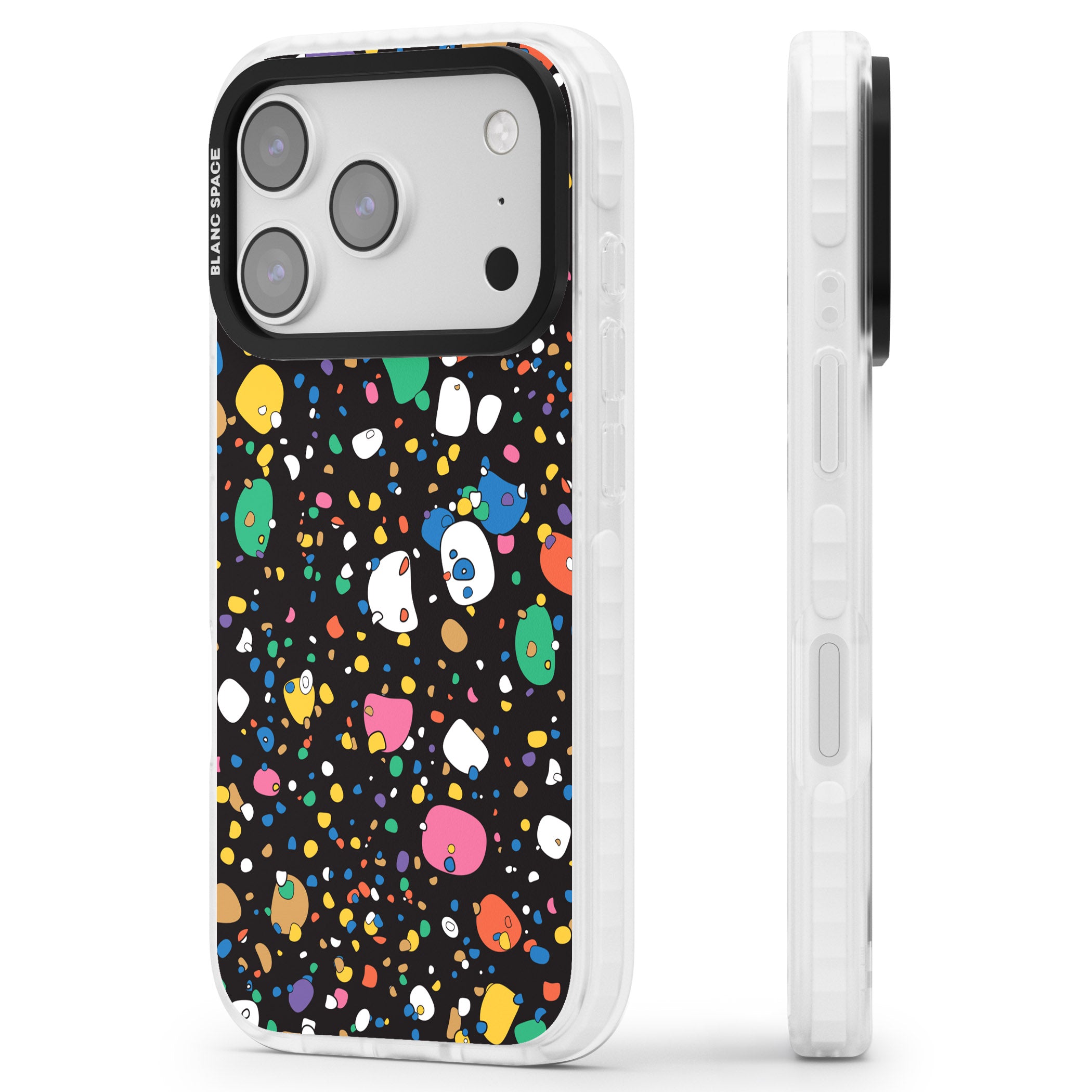 Colourful Confetti Pebbles (Black) iPhone 17 Pro Impact Clear Phone Case Side Profile