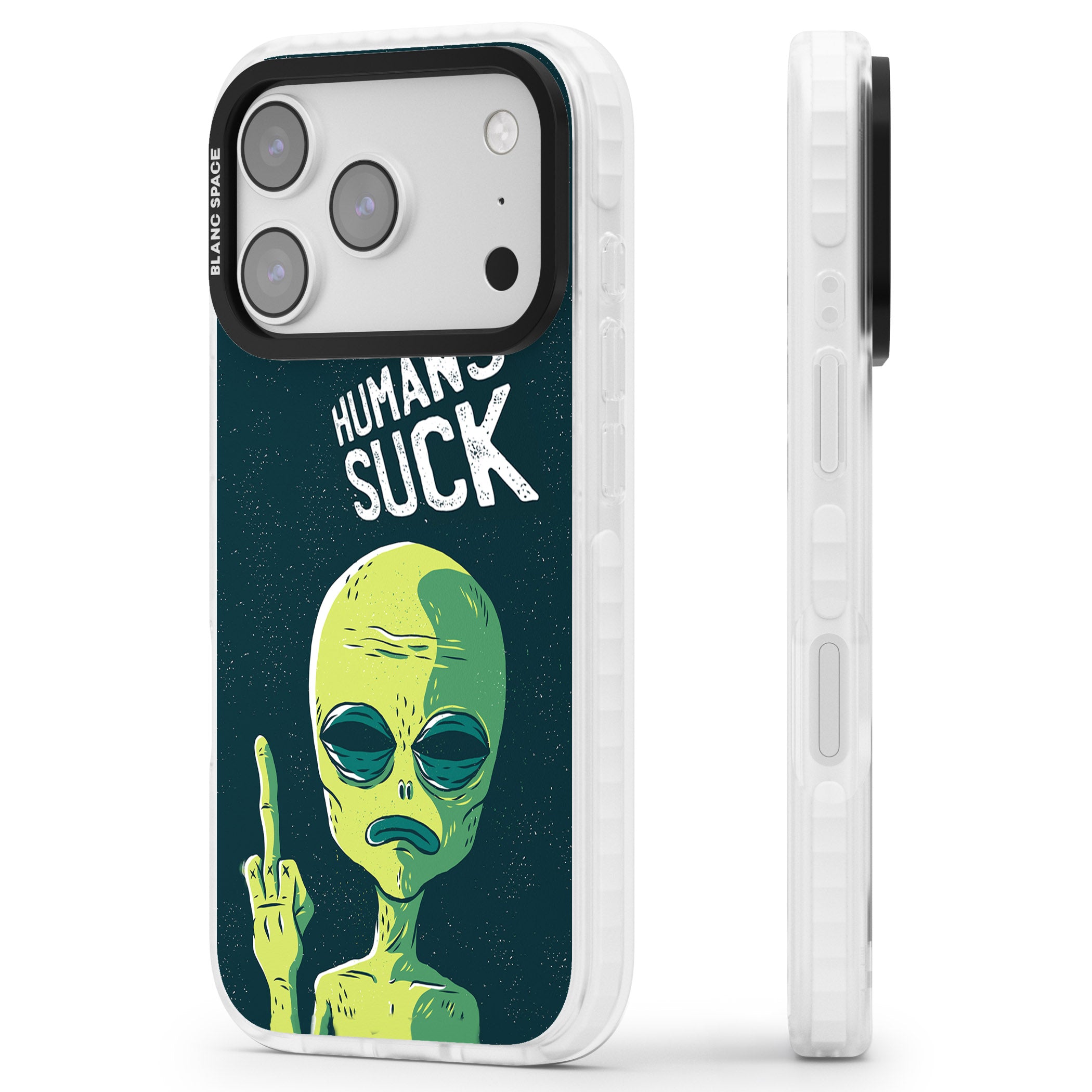 Humans Suck Alien iPhone 17 Pro Impact Clear Phone Case Side Profile