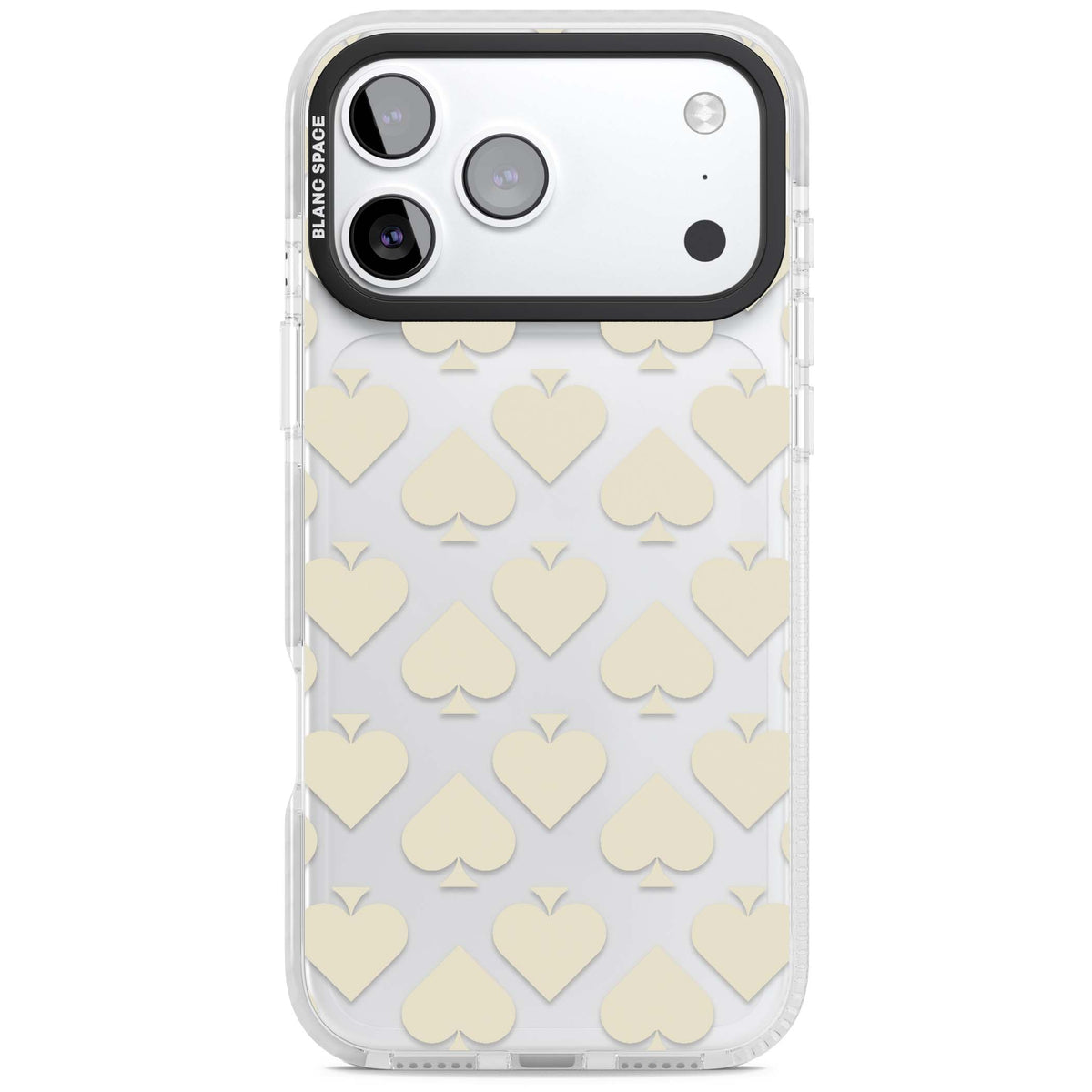 Beige Spades playing card iPhone case featuring cream hearts and spades pattern on a clear base | Black Impact case for iPhone 17 Pro, iPhone 17 Pro Max