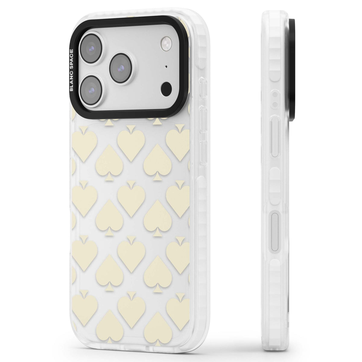 Beige Spades playing card iPhone case featuring cream hearts and spades pattern on a clear base | Black Impact case for iPhone 17 Pro, iPhone 17 Pro Max