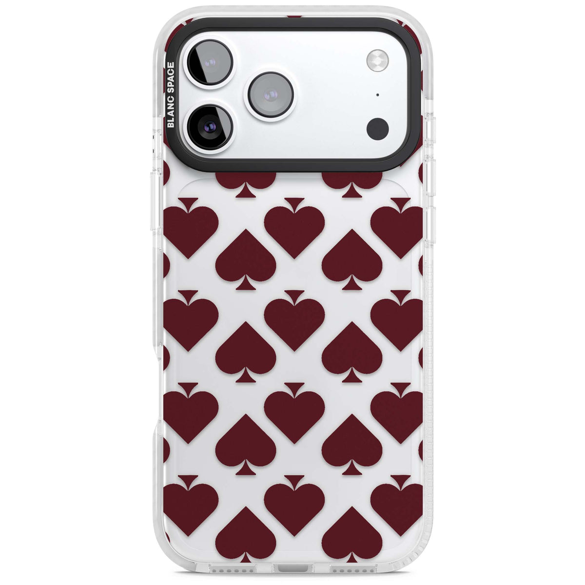 Burgundy Suits vintage playing cards iPhone case featuring repeating hearts and spades in deep wine red | Black Impact case for iPhone 17 Pro, iPhone 17 Pro Max