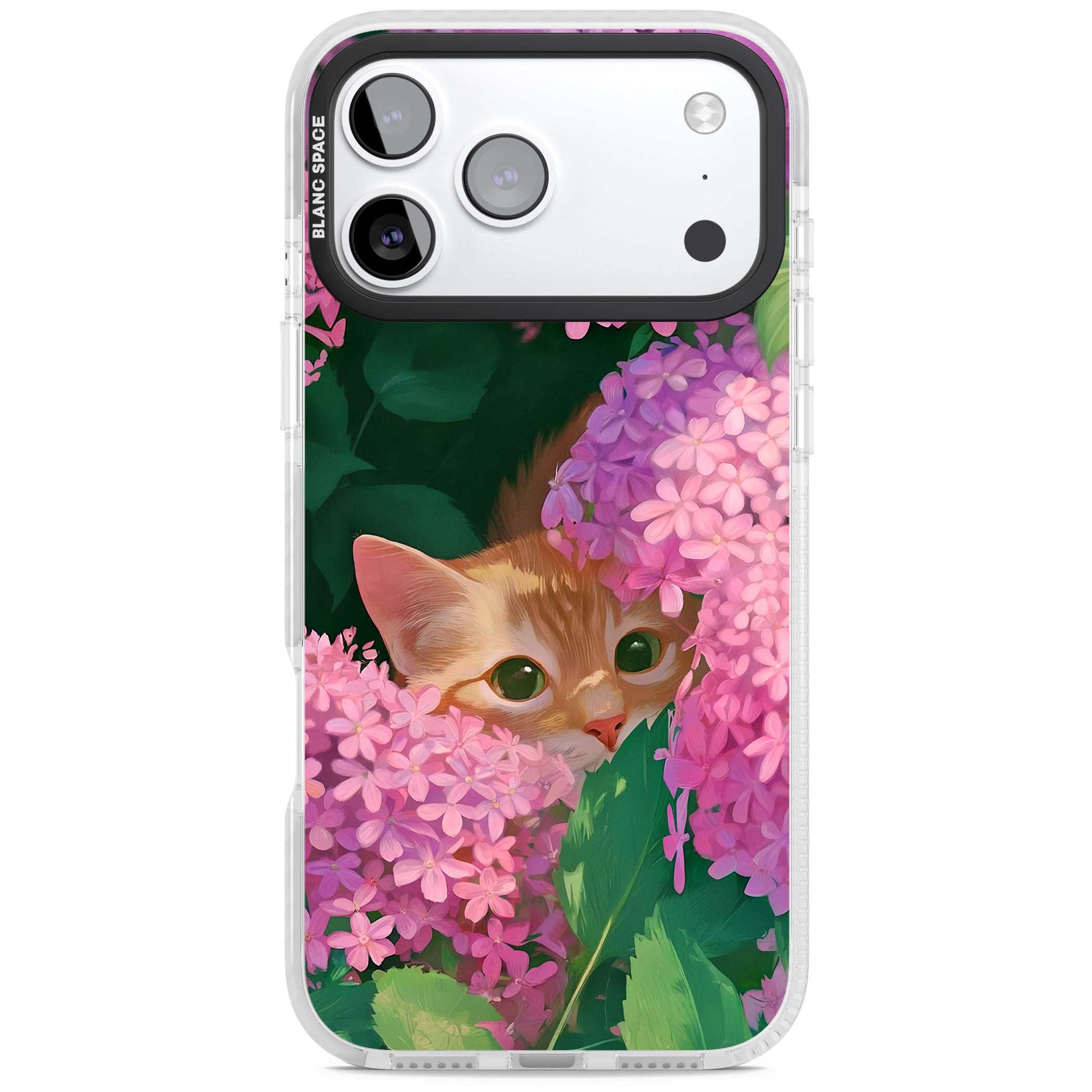 Cat In Pink Flowers cottagecore iPhone case featuring a ginger kitten peeking through lilac and pink hydrangea flo | Black Impact case for iPhone 17 Pro, iPhone 17 Pro Max