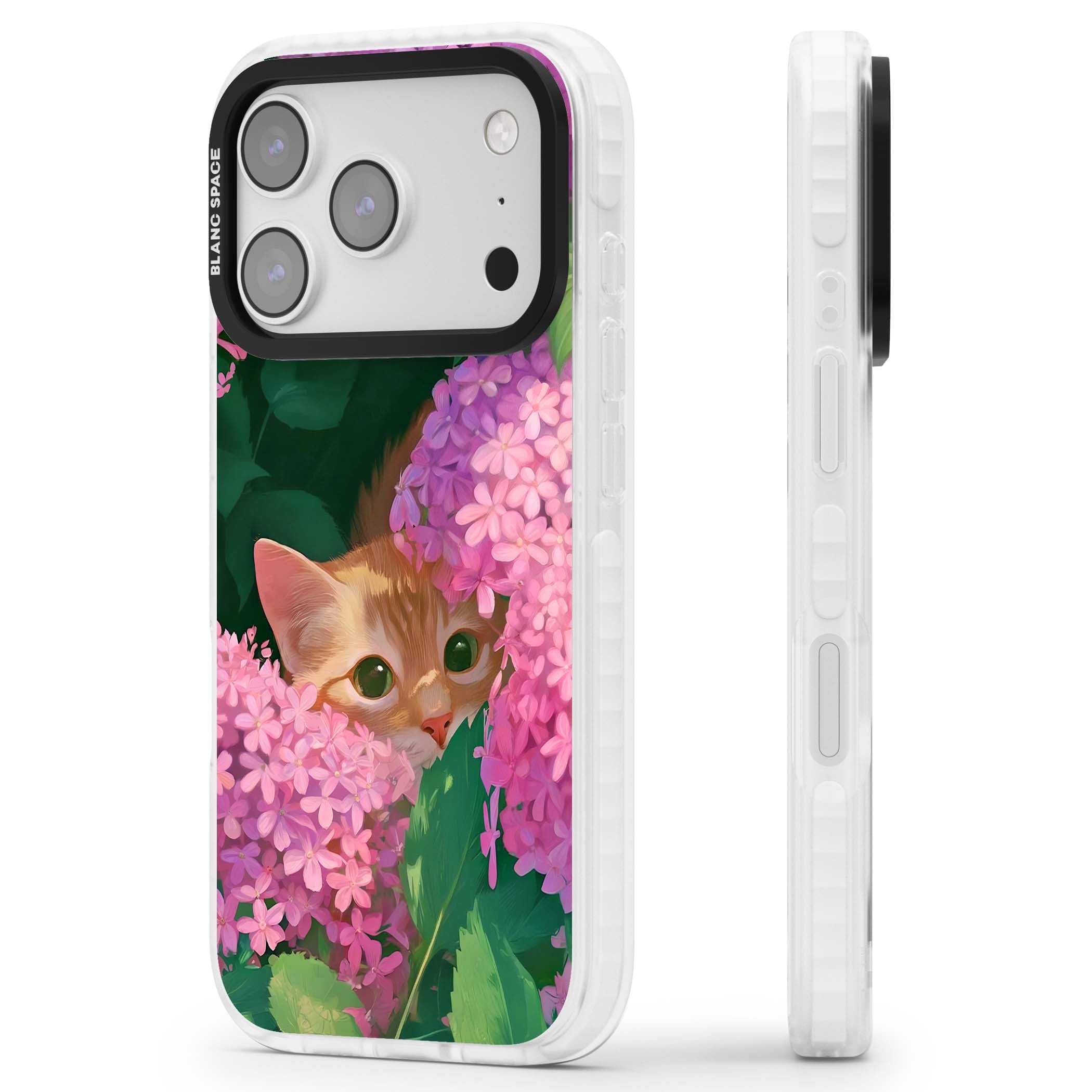 Cat In Pink Flowers cottagecore iPhone case featuring a ginger kitten peeking through lilac and pink hydrangea flo | Black Impact case for iPhone 17 Pro, iPhone 17 Pro Max