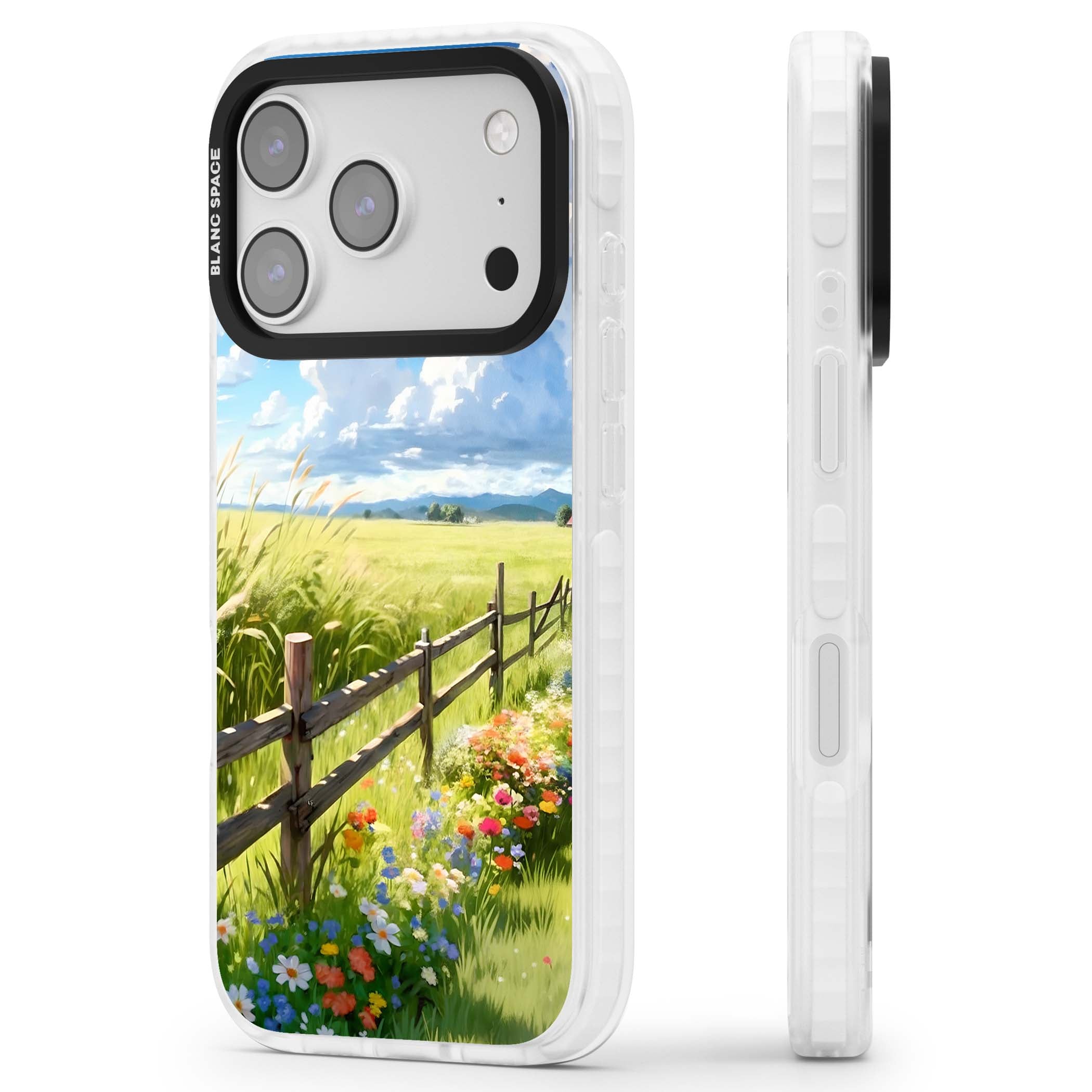 A Countryside Afternoon cottagecore iPhone case featuring a painted countryside meadow, wooden fence, and wildflowers beneath | Black Impact case for iPhone 17 Pro, iPhone 17 Pro Max