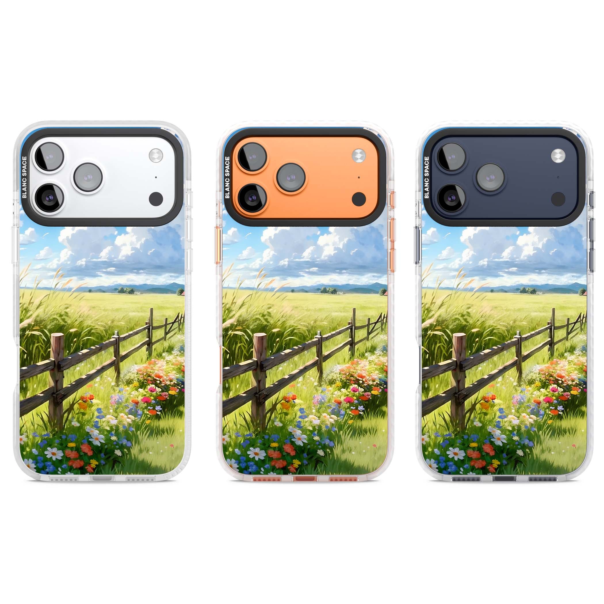 A Countryside Afternoon cottagecore iPhone case featuring a painted countryside meadow, wooden fence, and wildflowers beneath | Black Impact case for iPhone 17 Pro, iPhone 17 Pro Max