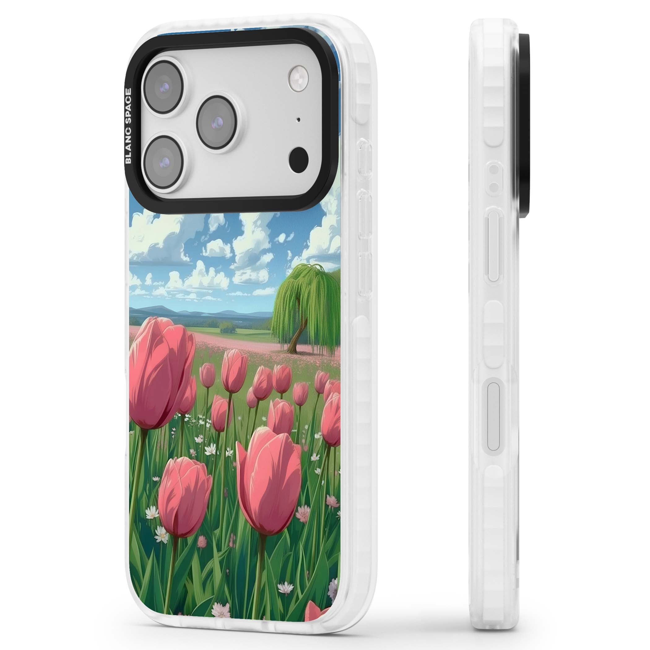 Willow By The Pink Tulips floral iPhone case | Black Impact case for iPhone 17 Pro, iPhone 17 Pro Max