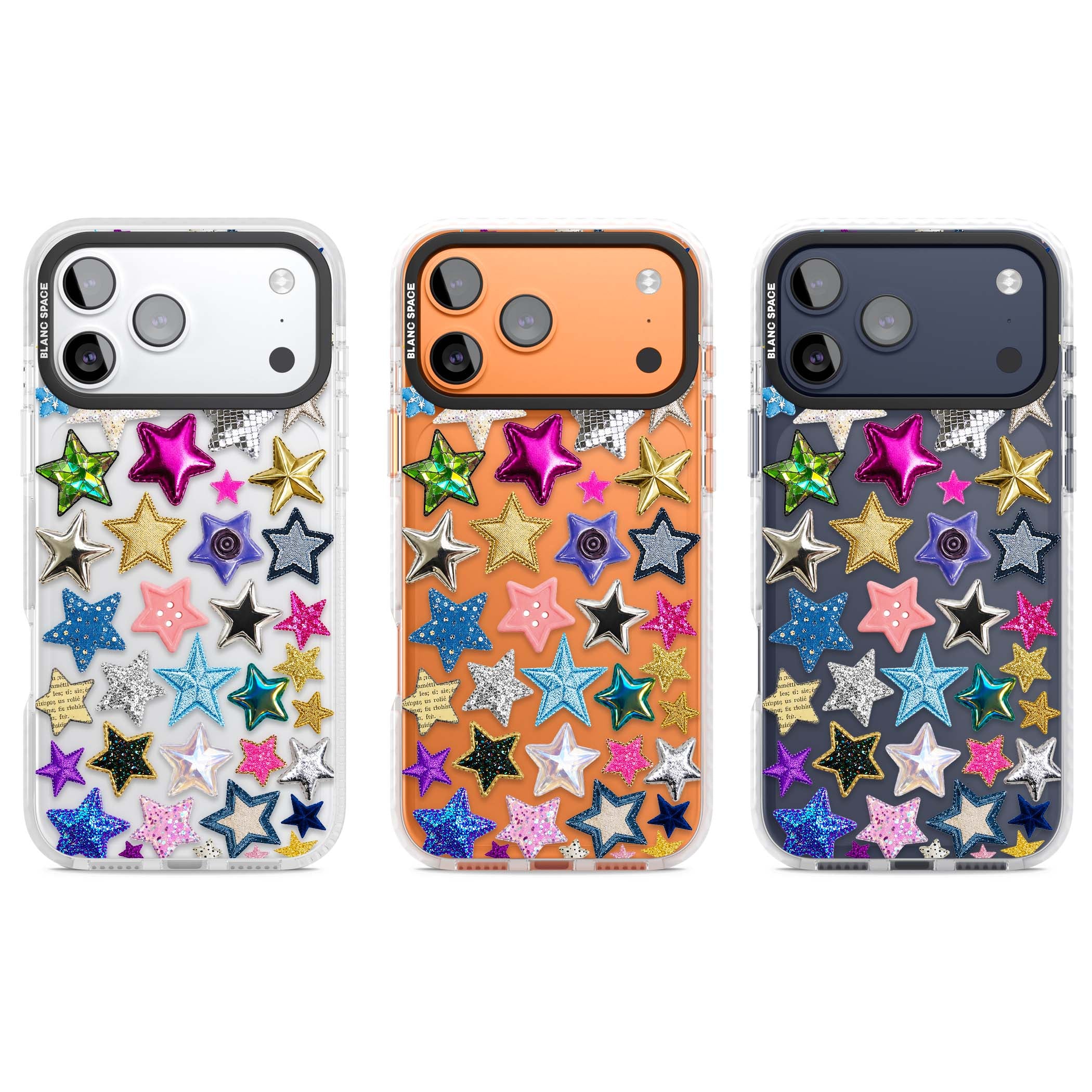 Crafty Star Mix Y2K iPhone case featuring embroidered, sequinned and glitter star patches in rainbow colours | Black Impact case for iPhone 17 Pro, iPhone 17 Pro Max