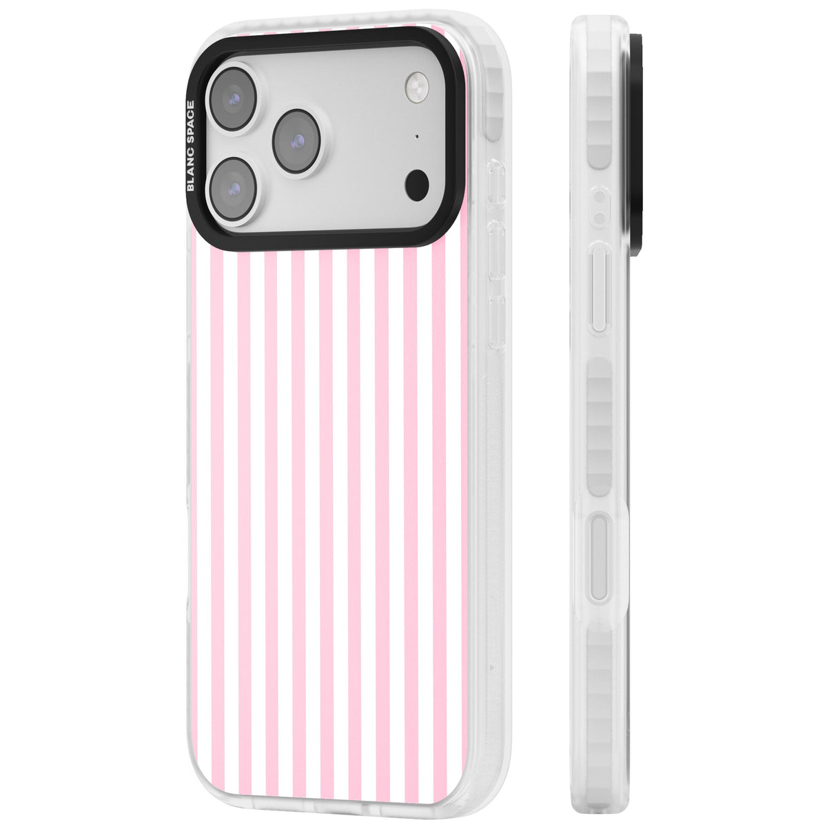 Pink Stripe preppy iPhone case featuring soft pastel pink and white vertical candy stripes iPhone 17 Pro Max Impact Clear Phone Case side