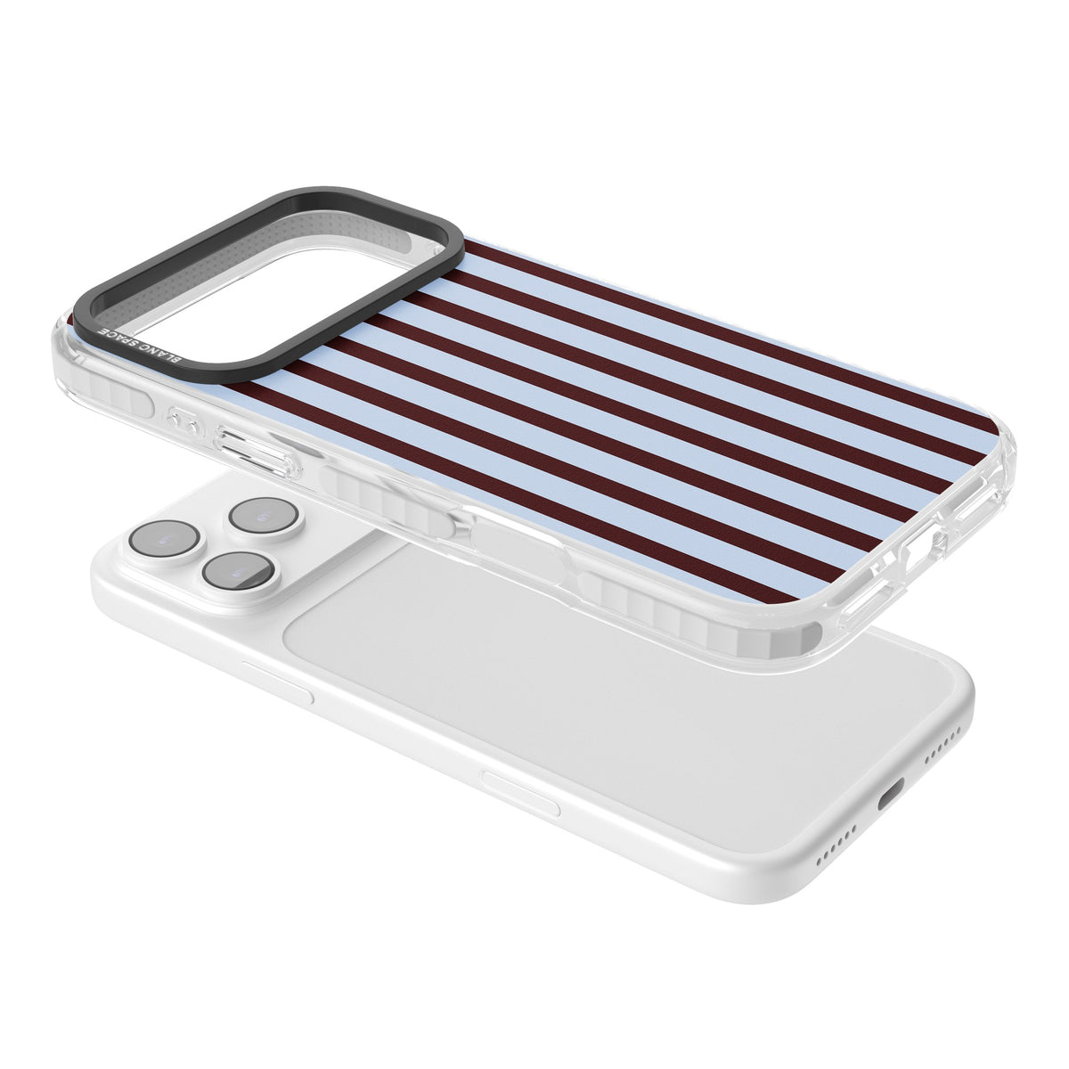 Blackcurrant Stripe preppy iPhone case featuring vertical burgundy and light blue stripes in a classic pinstripe layout iPhone 17 Pro Max Impact Clear Phone Case angled
