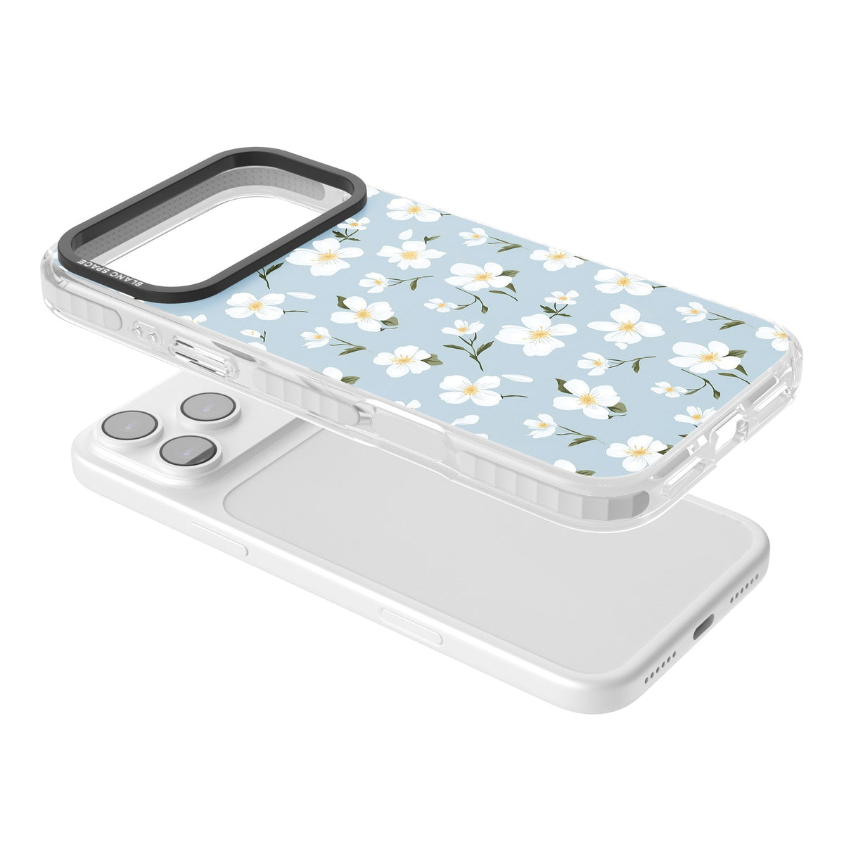Powder Blue Petals iPhone 17 Pro Max Impact Clear Phone Case angled