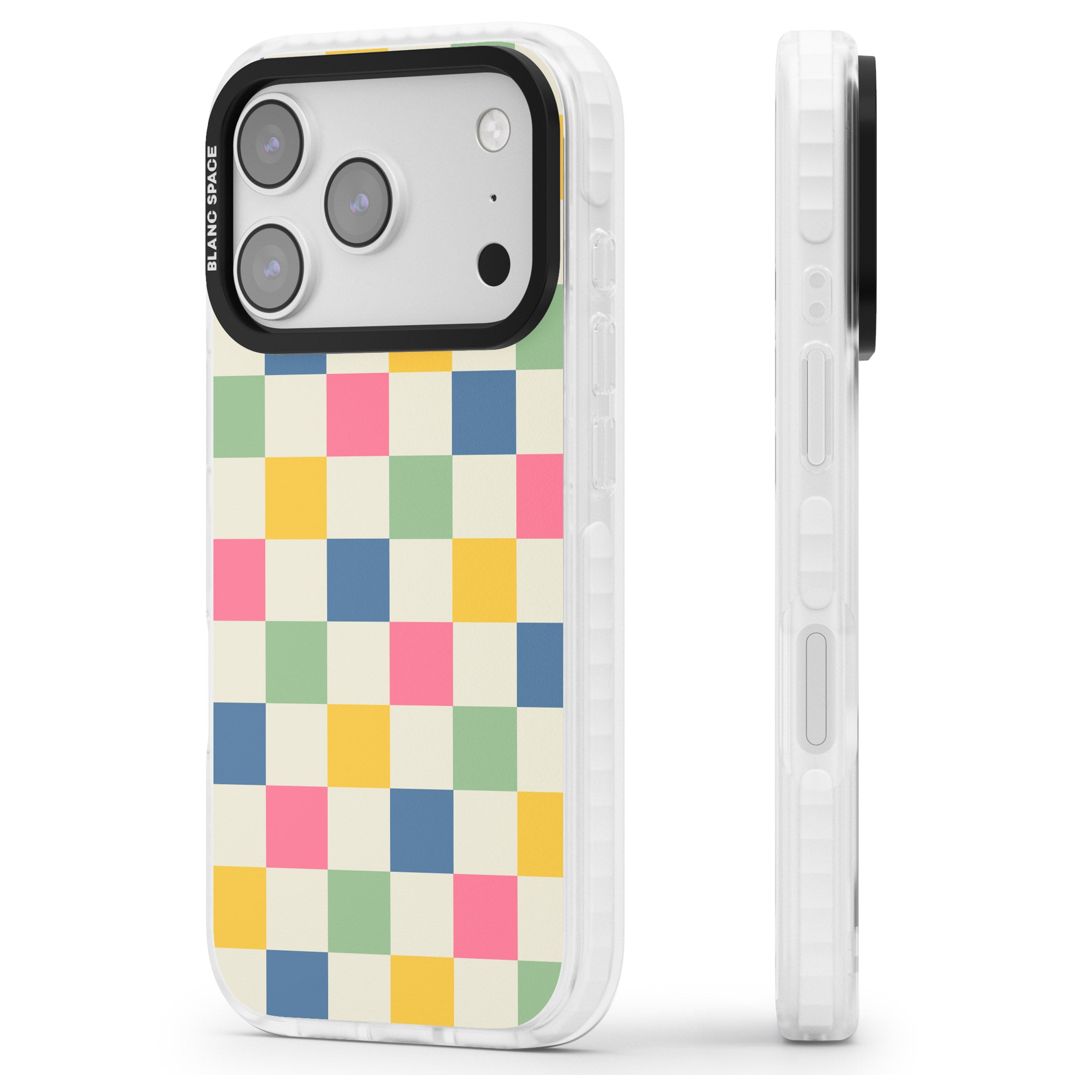Pastel Multicolor Checkered iPhone 17 Pro Impact Clear Phone Case Side Profile