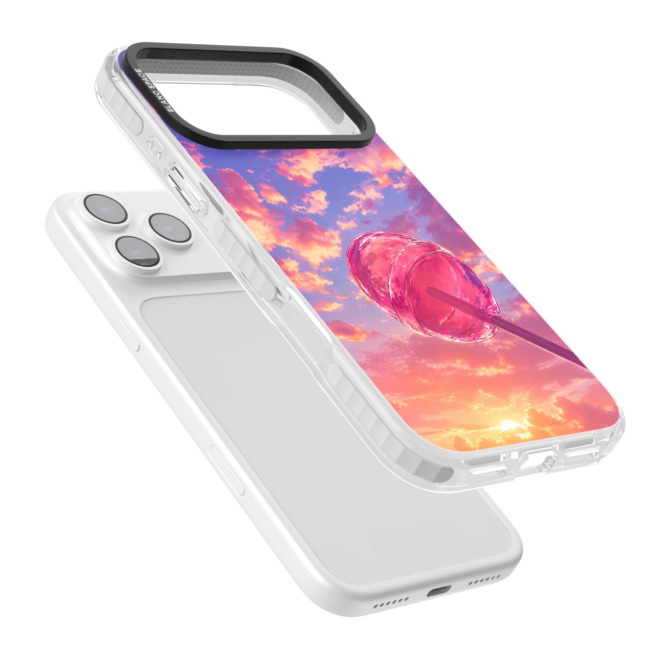 Sugar Sunset candy aesthetic iPhone case featuring a pink lollipop, pastel sunset sky and dreamy clouds | Black Impact case for iPhone 17 Pro, iPhone 17 Pro Max
