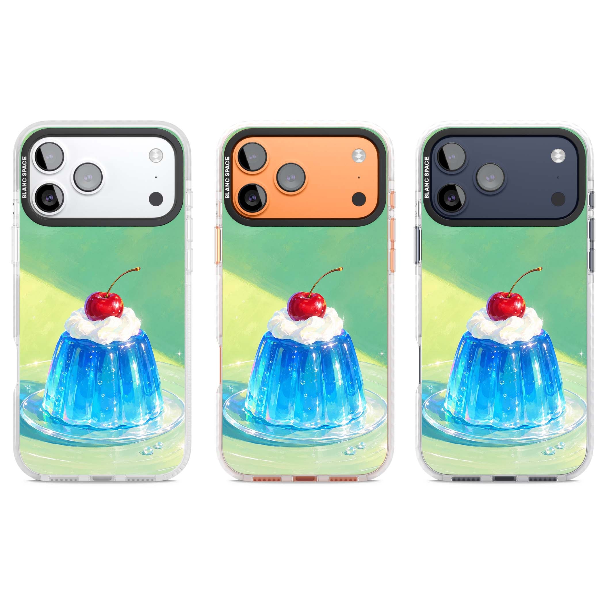 Cherry Jelly kawaii dessert iPhone case featuring blue jelly pudding, whipped cream and a red cherry | Black Impact case for iPhone 17 Pro, iPhone 17 Pro Max