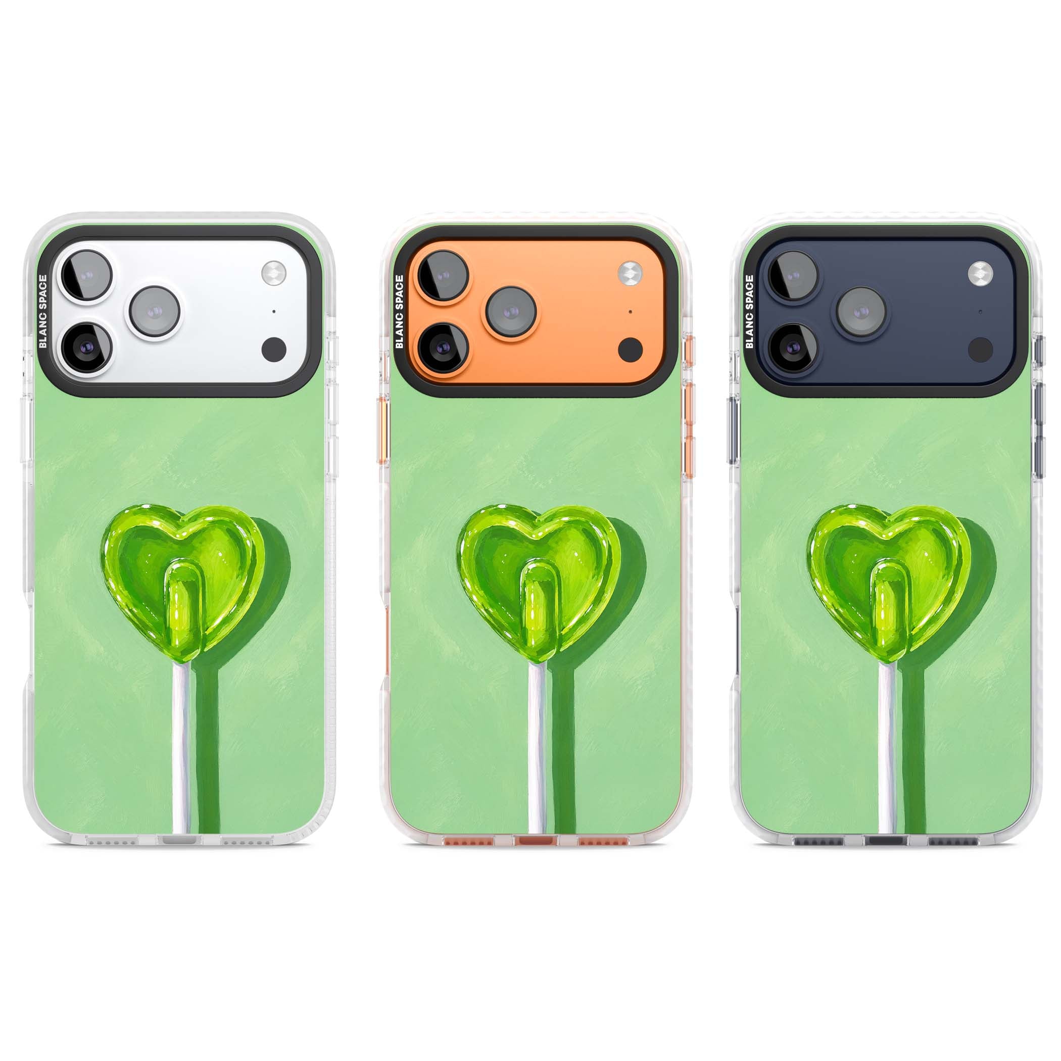 Green Lollipop candy art iPhone case featuring a glossy green heart-shaped lollipop on a painted pastel green background | Black Impact case for iPhone 17 Pro, iPhone 17 Pro Max