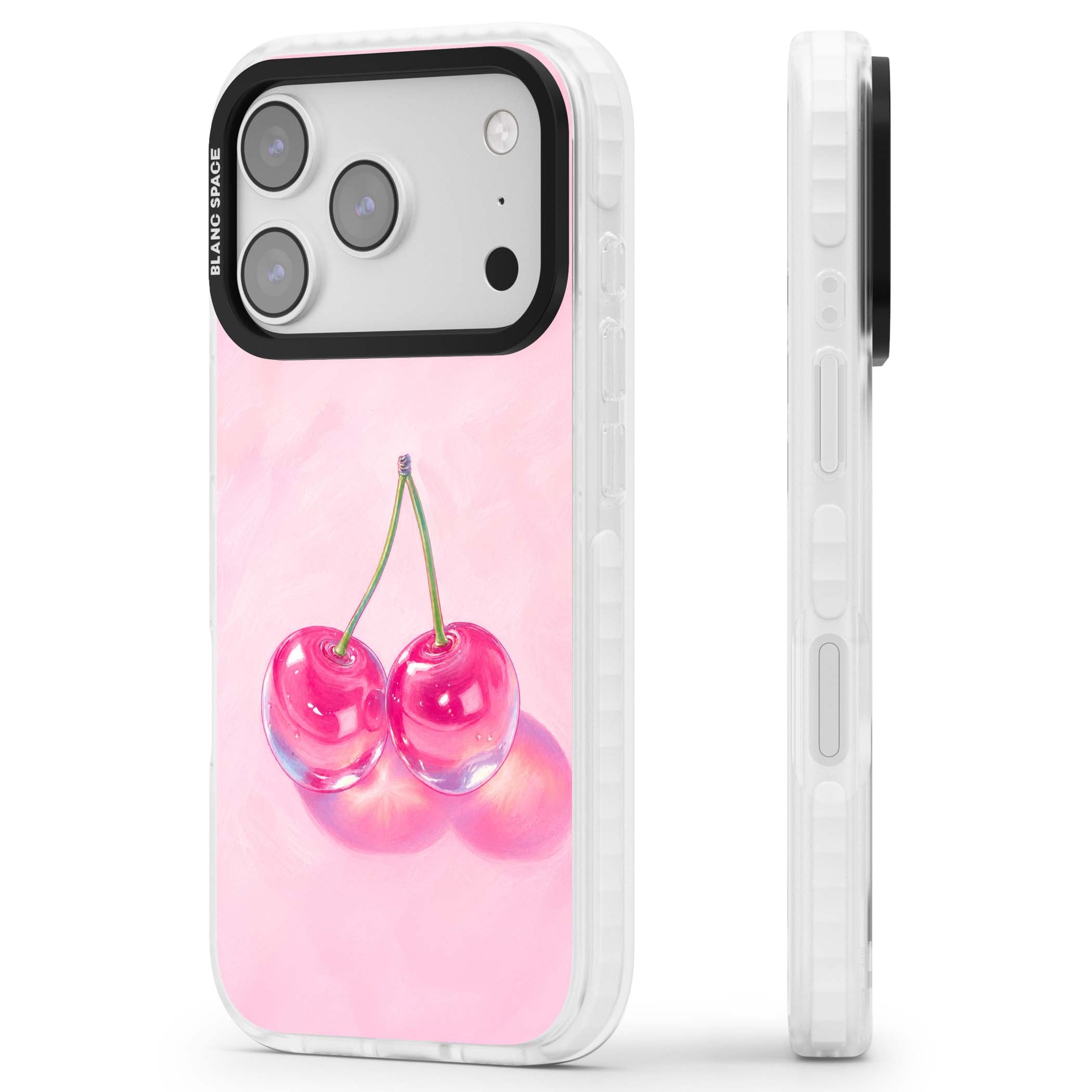 Pink Glass Cherry coquette iPhone case featuring two glossy painted cherries on a soft pink background | Black Impact case for iPhone 17 Pro, iPhone 17 Pro Max
