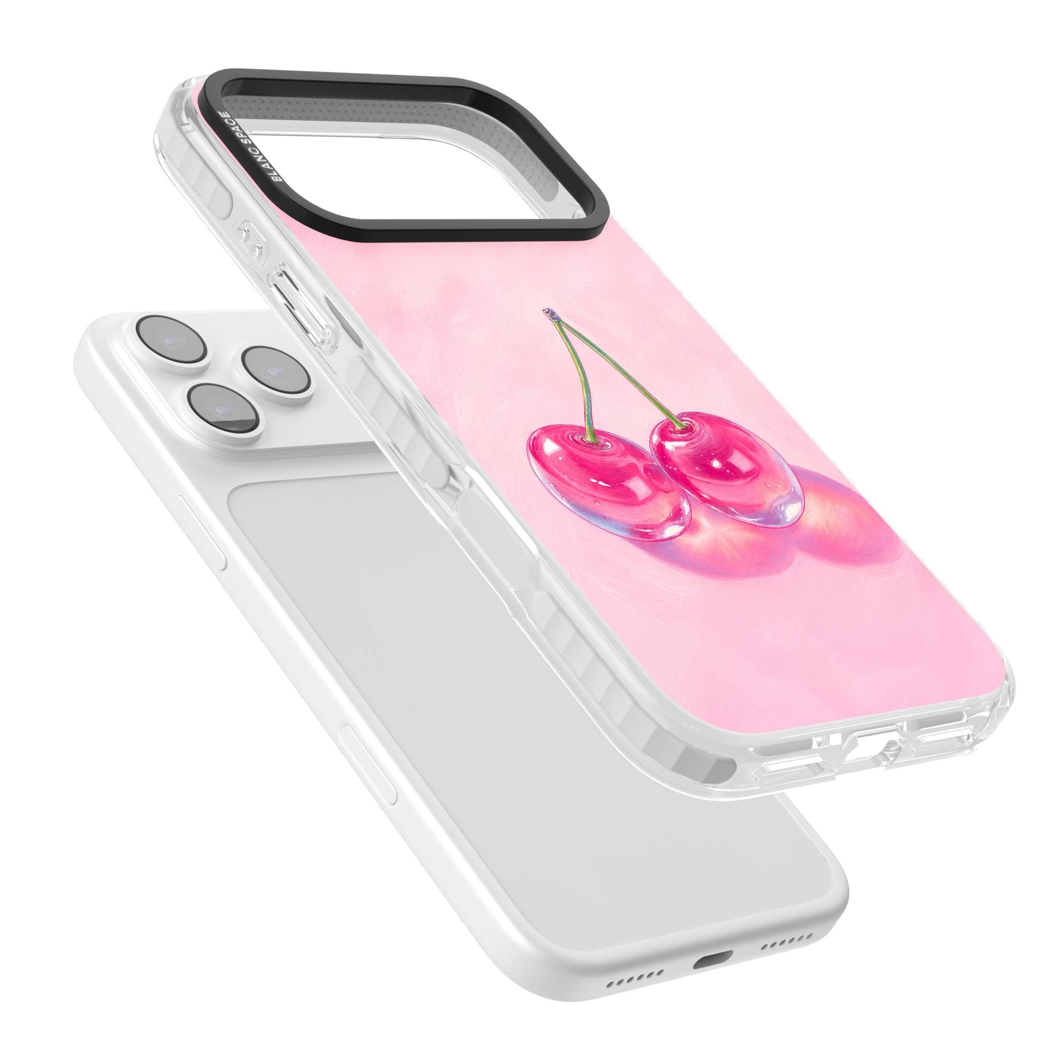 Pink Glass Cherry coquette iPhone case featuring two glossy painted cherries on a soft pink background | Black Impact case for iPhone 17 Pro, iPhone 17 Pro Max