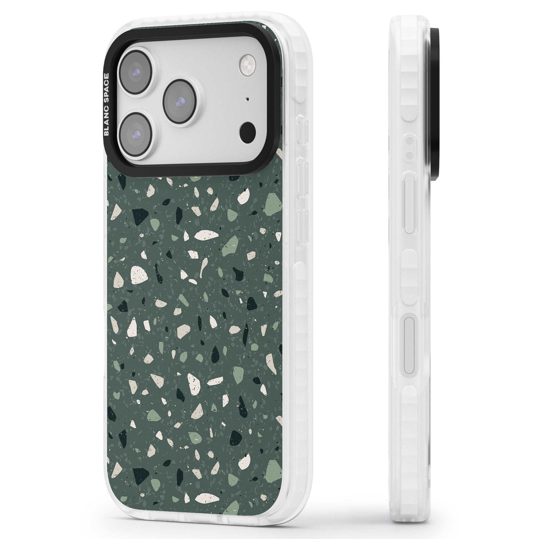 Green & Cream Terrazzo Pattern iPhone 17 Pro Impact Clear Phone Case Side Profile