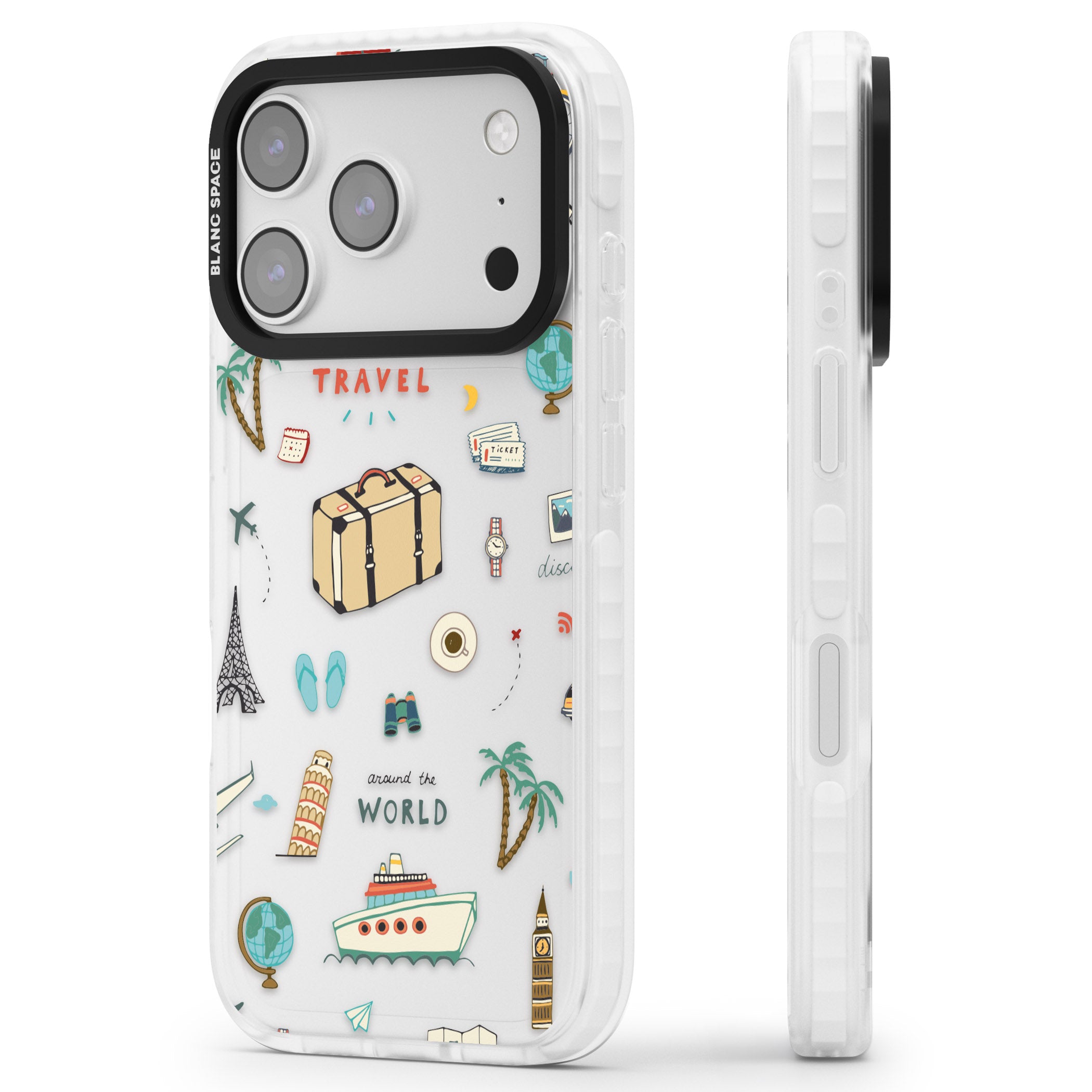 Cute Travel Pattern Transparent iPhone 17 Pro Impact Clear Phone Case Side Profile