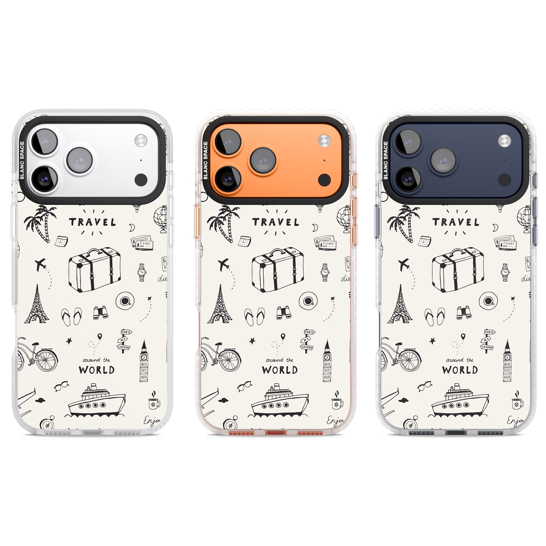Cute Travel Pattern, White On iPhone 17 Pro Impact Clear Phone Case APT Impact Protection