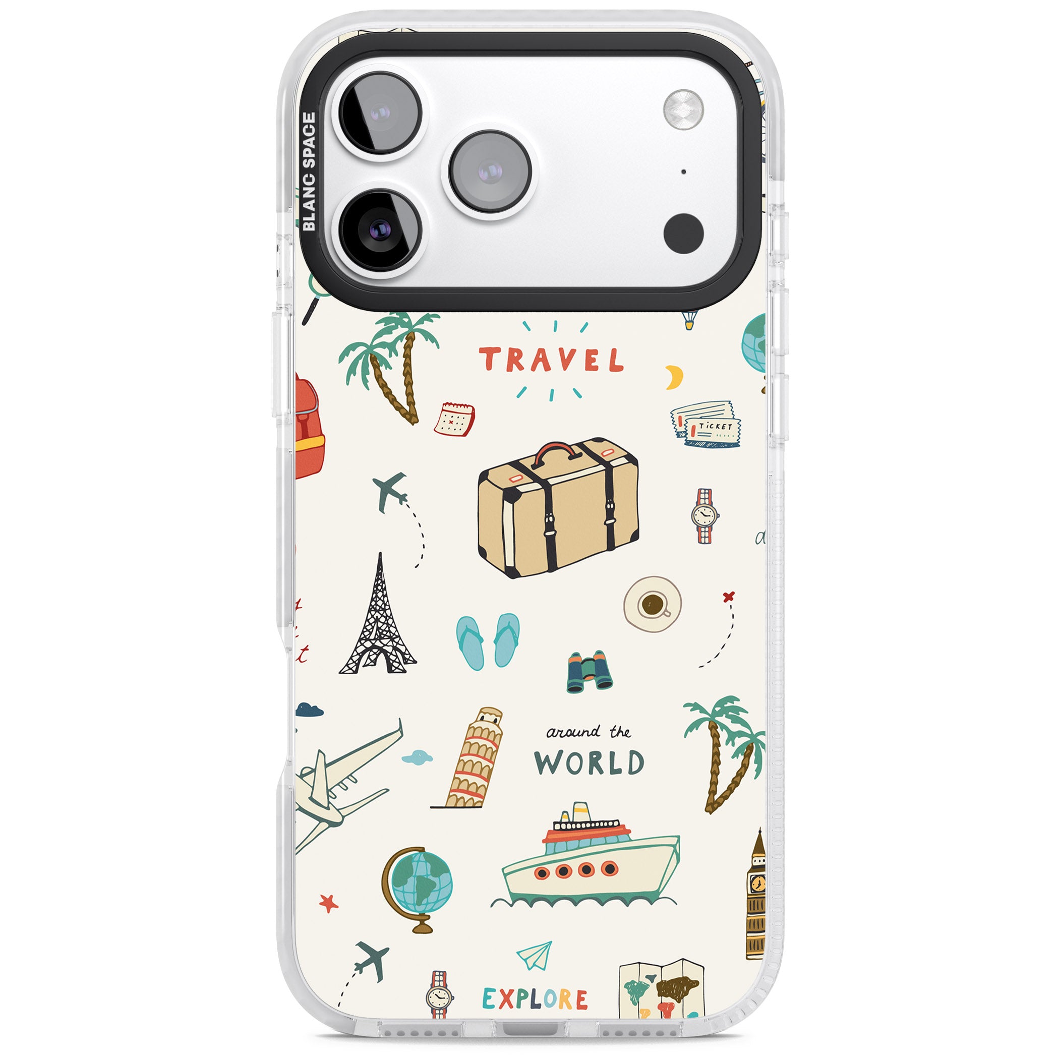 Cute Travel Pattern Cream iPhone 17 Pro Impact Clear Phone Case