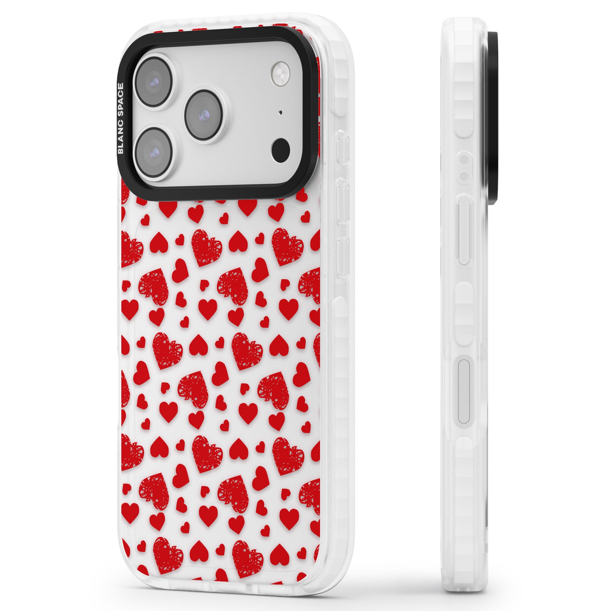Red Heart Pattern Classic iPhone 17 Pro Impact Clear Phone Case Side Profile