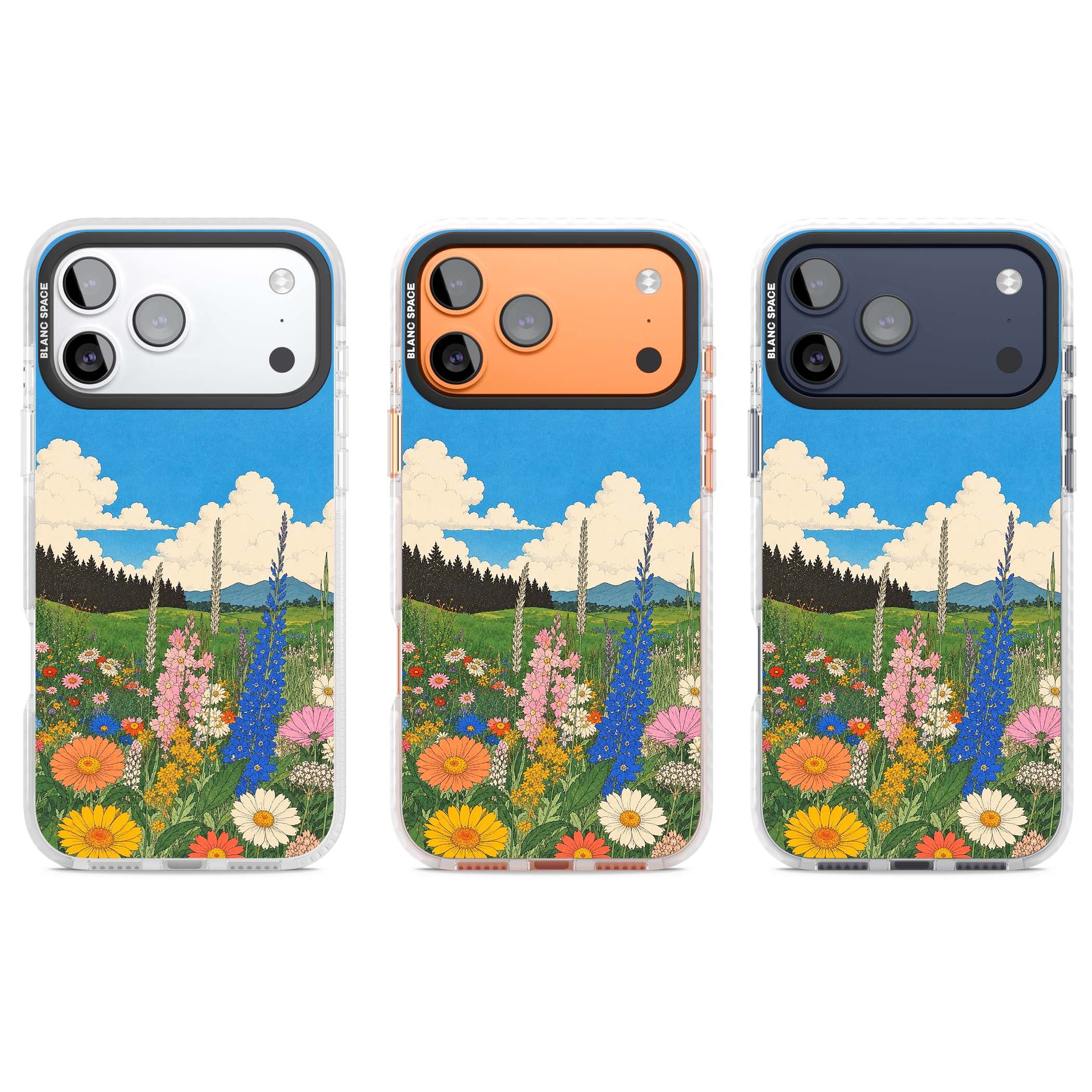 Wildbloom wildflower iPhone case featuring a vintage Japanese-style meadow landscape with daisies, delphiniums and moun | Black Impact case for iPhone 17 Pro, iPhone 17 Pro Max