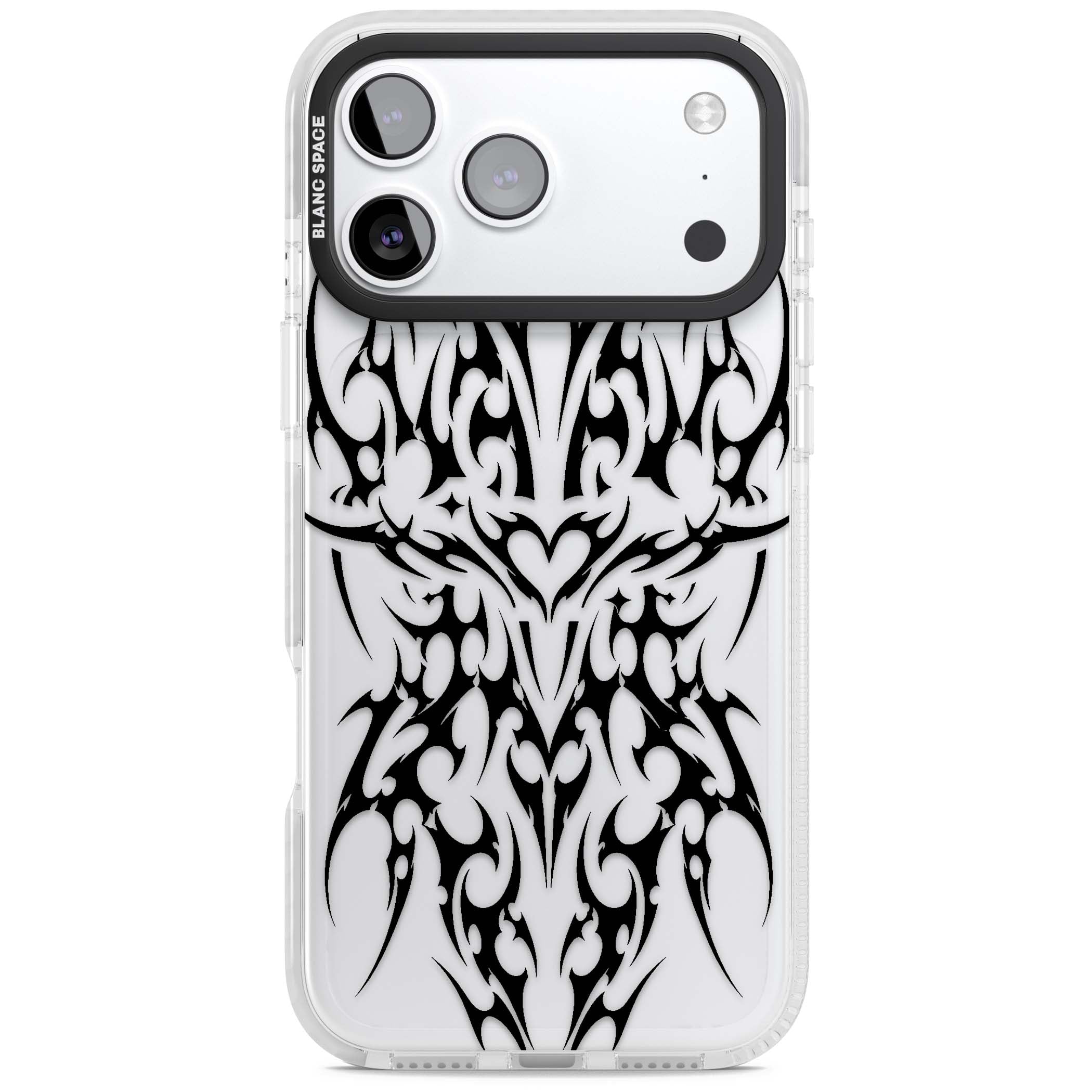 Neo Tribal Heart gothic iPhone case featuring symmetrical black tribal tattoo art with sharp thorn-like linework | Black Impact case for iPhone 17 Pro, iPhone 17 Pro Max