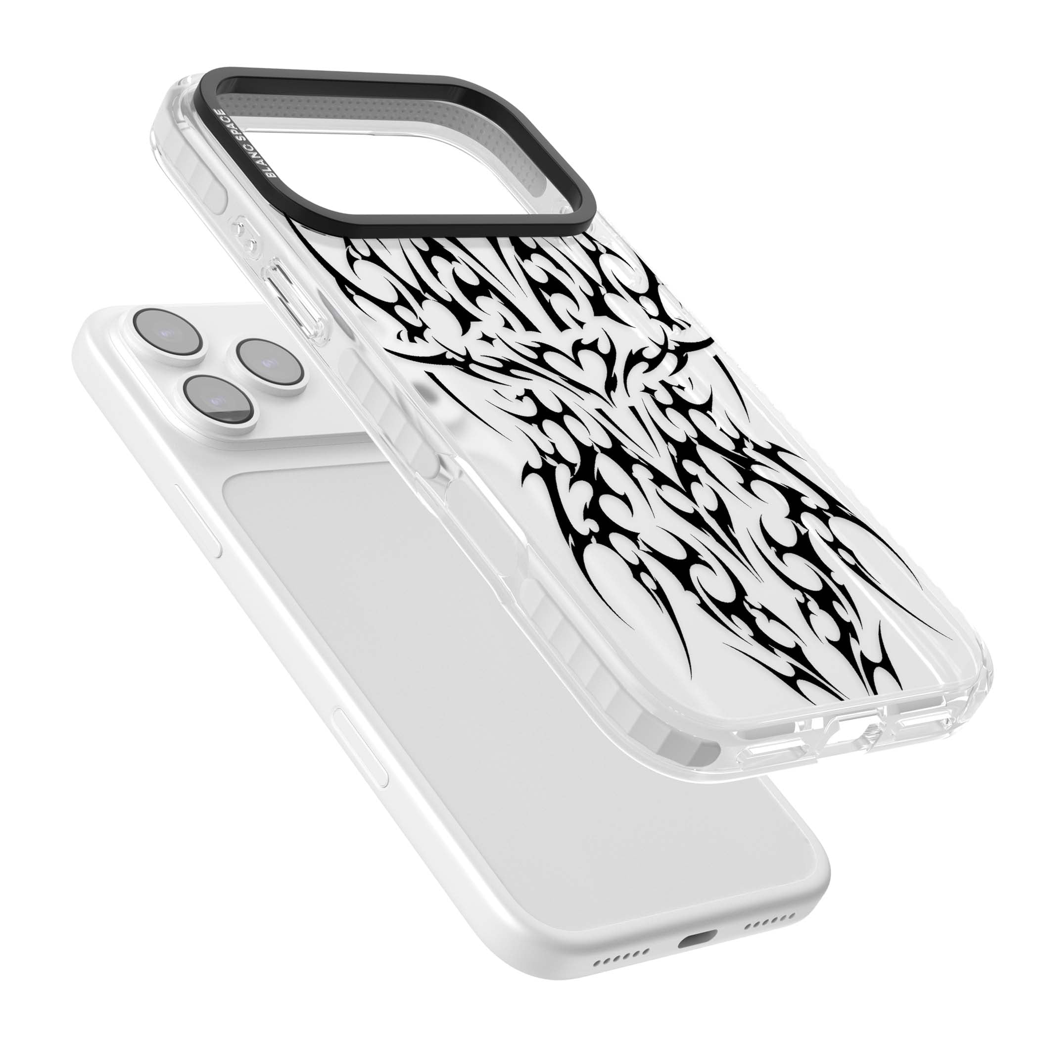 Neo Tribal Heart gothic iPhone case featuring symmetrical black tribal tattoo art with sharp thorn-like linework | Black Impact case for iPhone 17 Pro, iPhone 17 Pro Max