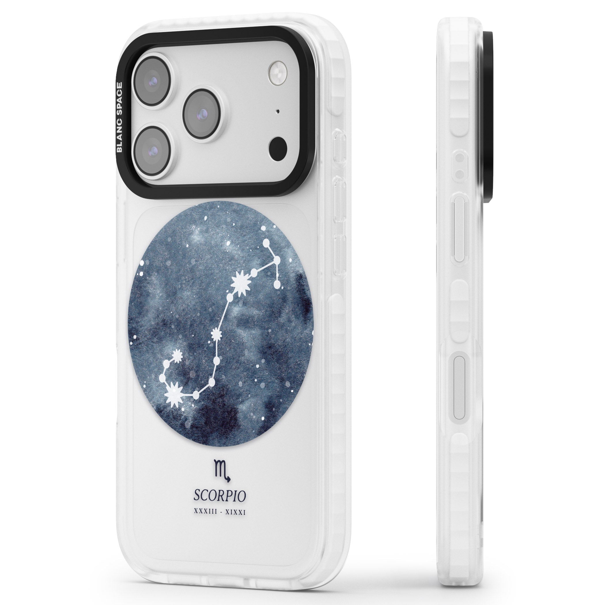 Scorpio Zodiac Blue iPhone 17 Pro Impact Clear Phone Case Side Profile