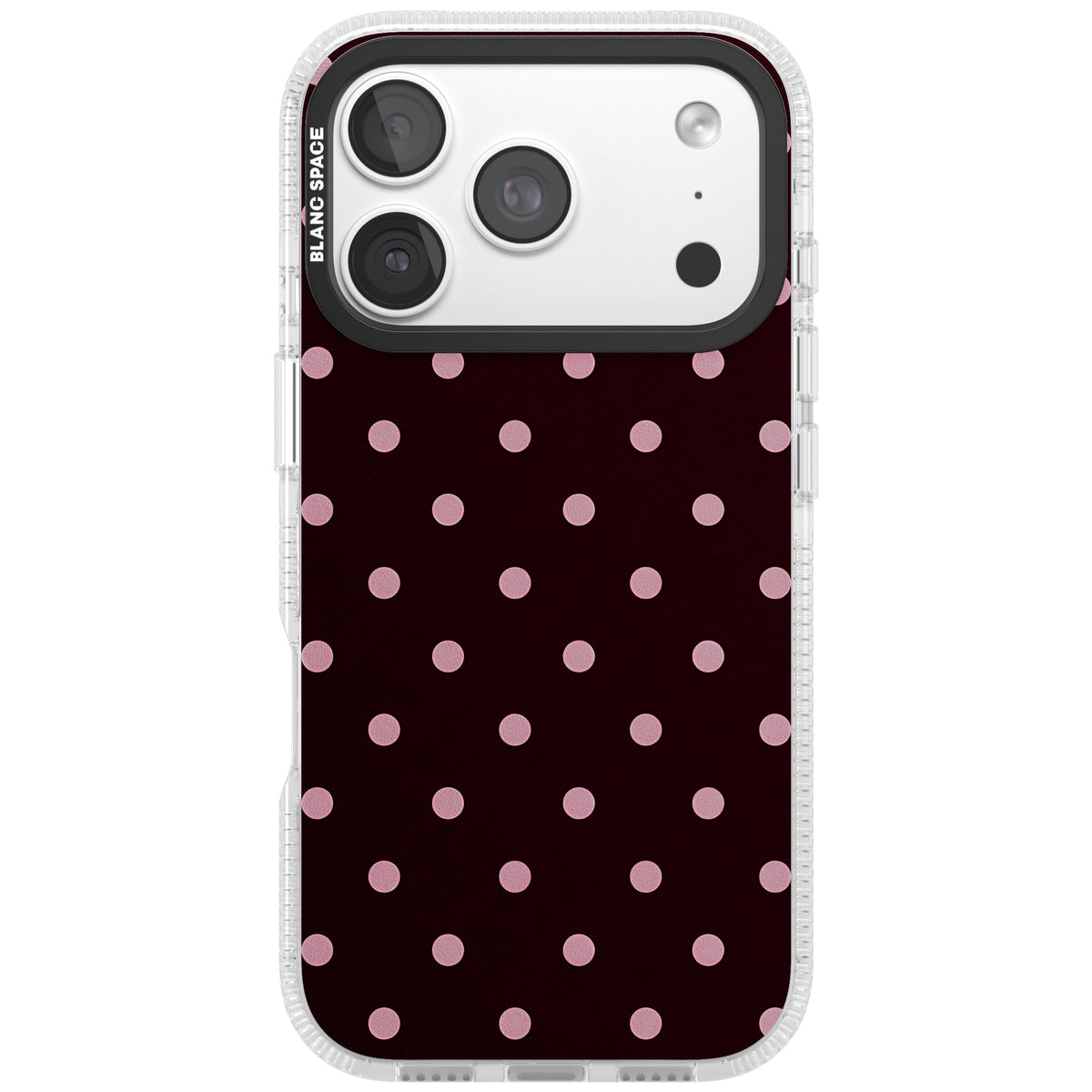 Merlot Dots polka dot iPhone case featuring dusty pink spots on a deep burgundy background in a retro grid iPhone 18 Pro Impact Air Phone Case front