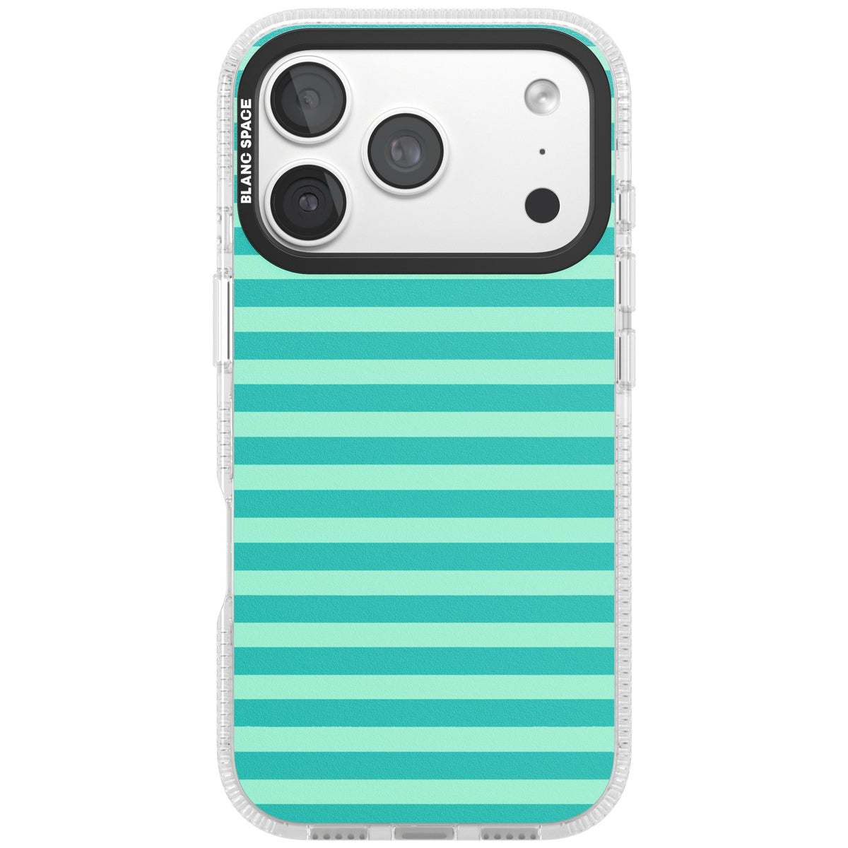 Turquoise Stripe preppy iPhone case featuring horizontal teal and mint green stripes on a black protective frame iPhone 18 Pro Impact Air Phone Case front