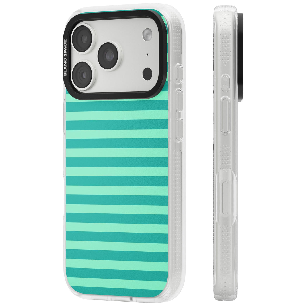 Turquoise Stripe preppy iPhone case featuring horizontal teal and mint green stripes on a black protective frame iPhone 18 Pro Impact Air Phone Case side