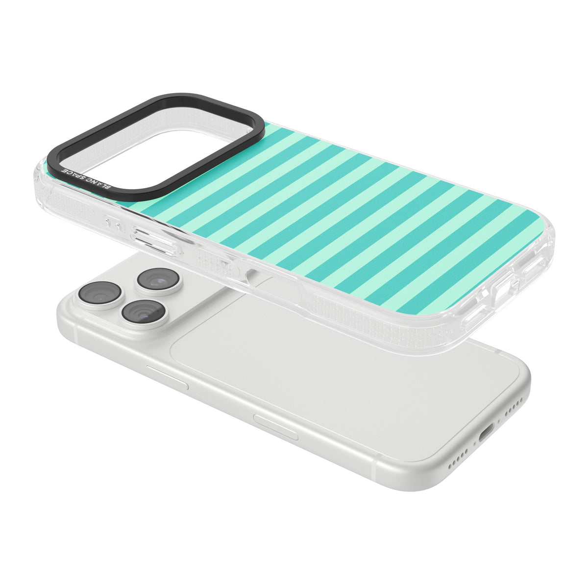 Turquoise Stripe preppy iPhone case featuring horizontal teal and mint green stripes on a black protective frame iPhone 18 Pro Impact Air Phone Case angled
