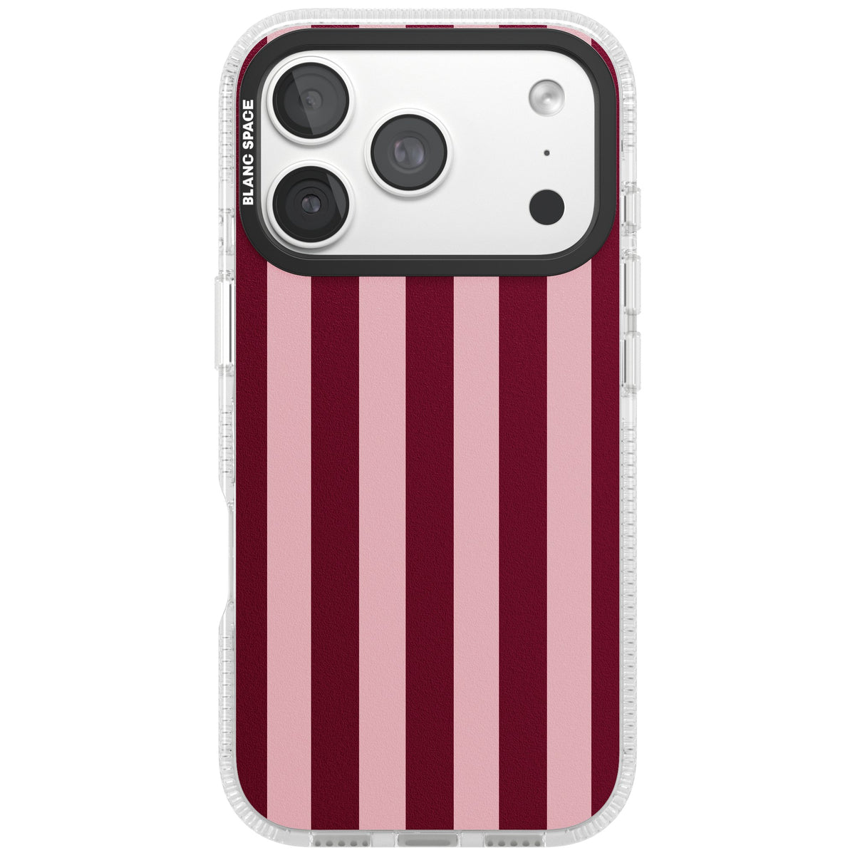 Bordeaux Belle preppy iPhone case featuring bold vertical stripes in burgundy and soft blush pink iPhone 18 Pro Impact Air Phone Case front