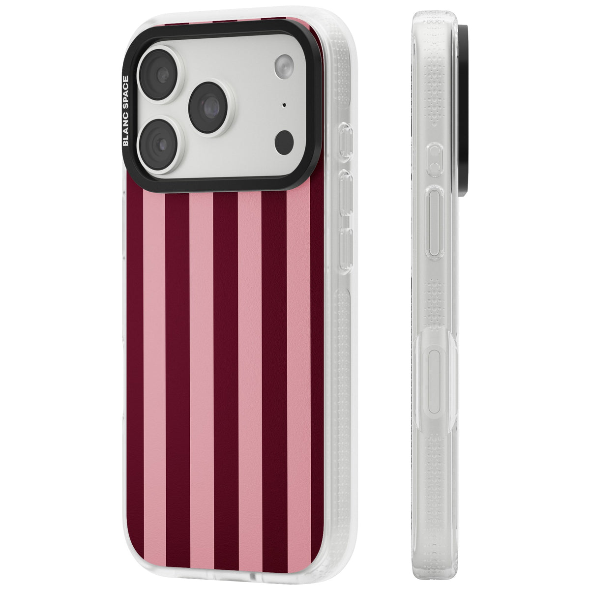Bordeaux Belle preppy iPhone case featuring bold vertical stripes in burgundy and soft blush pink iPhone 18 Pro Impact Air Phone Case side