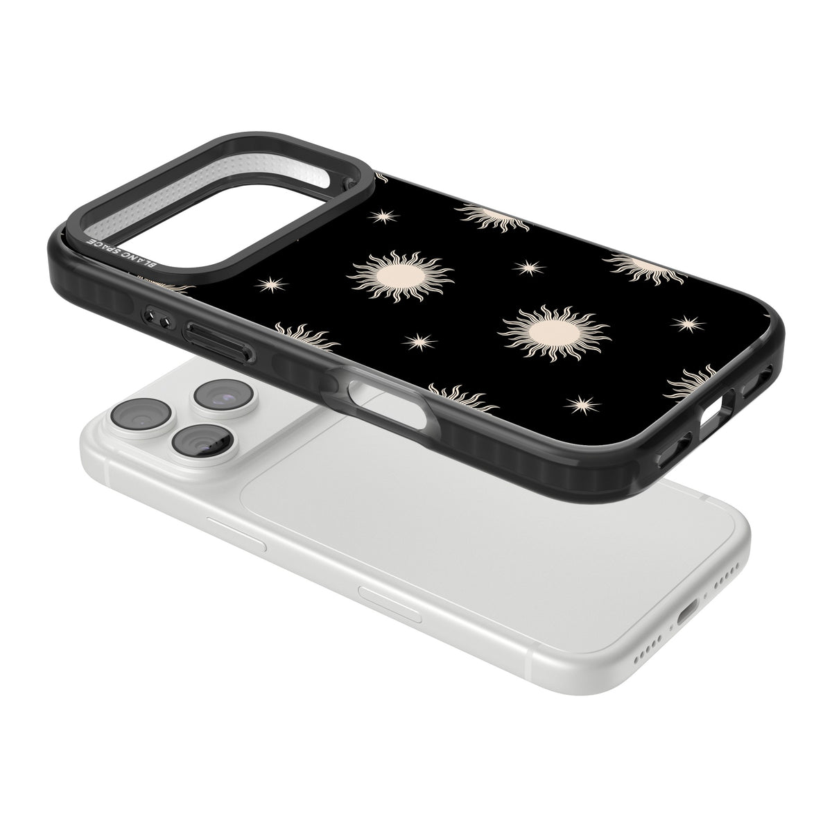 Celestial Patterns Classic Suns (Black) iPhone 18 Pro Impact Black Phone Case angled