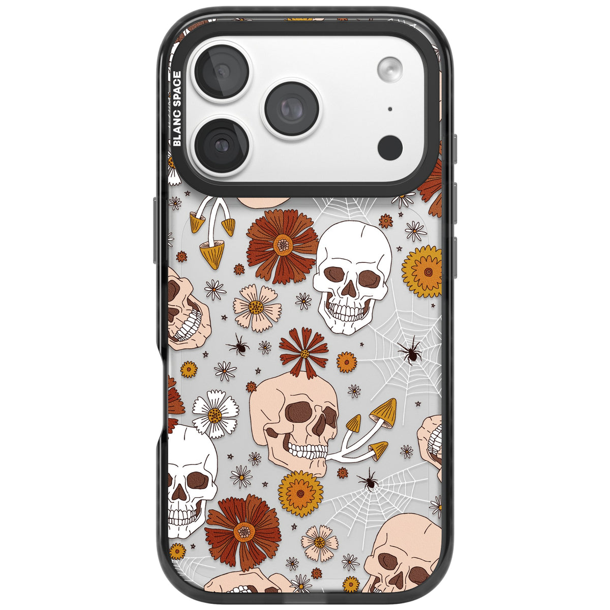 Halloween Skulls And Flowers iPhone 18 Pro Impact Black Phone Case front