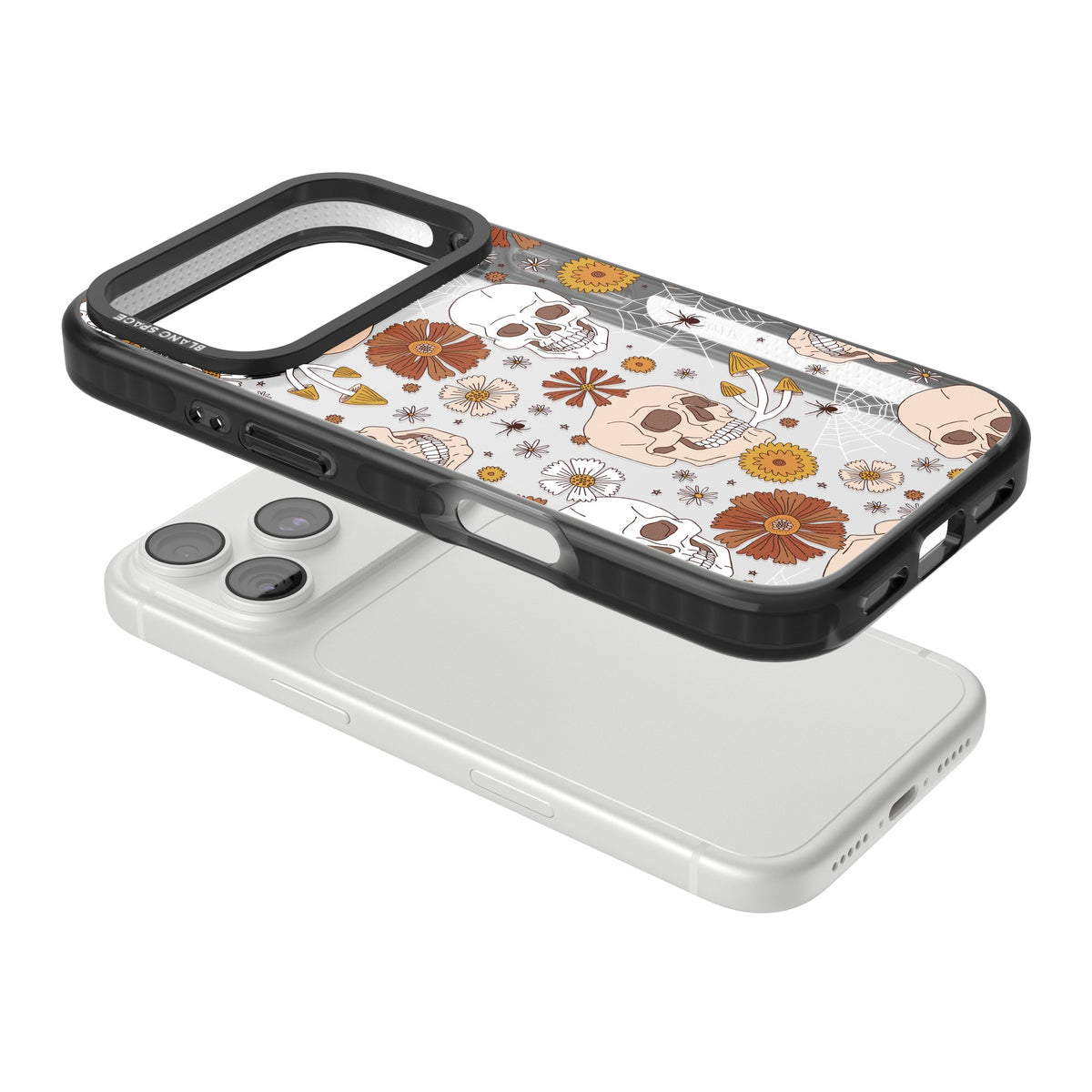 Halloween Skulls And Flowers iPhone 18 Pro Impact Black Phone Case angled