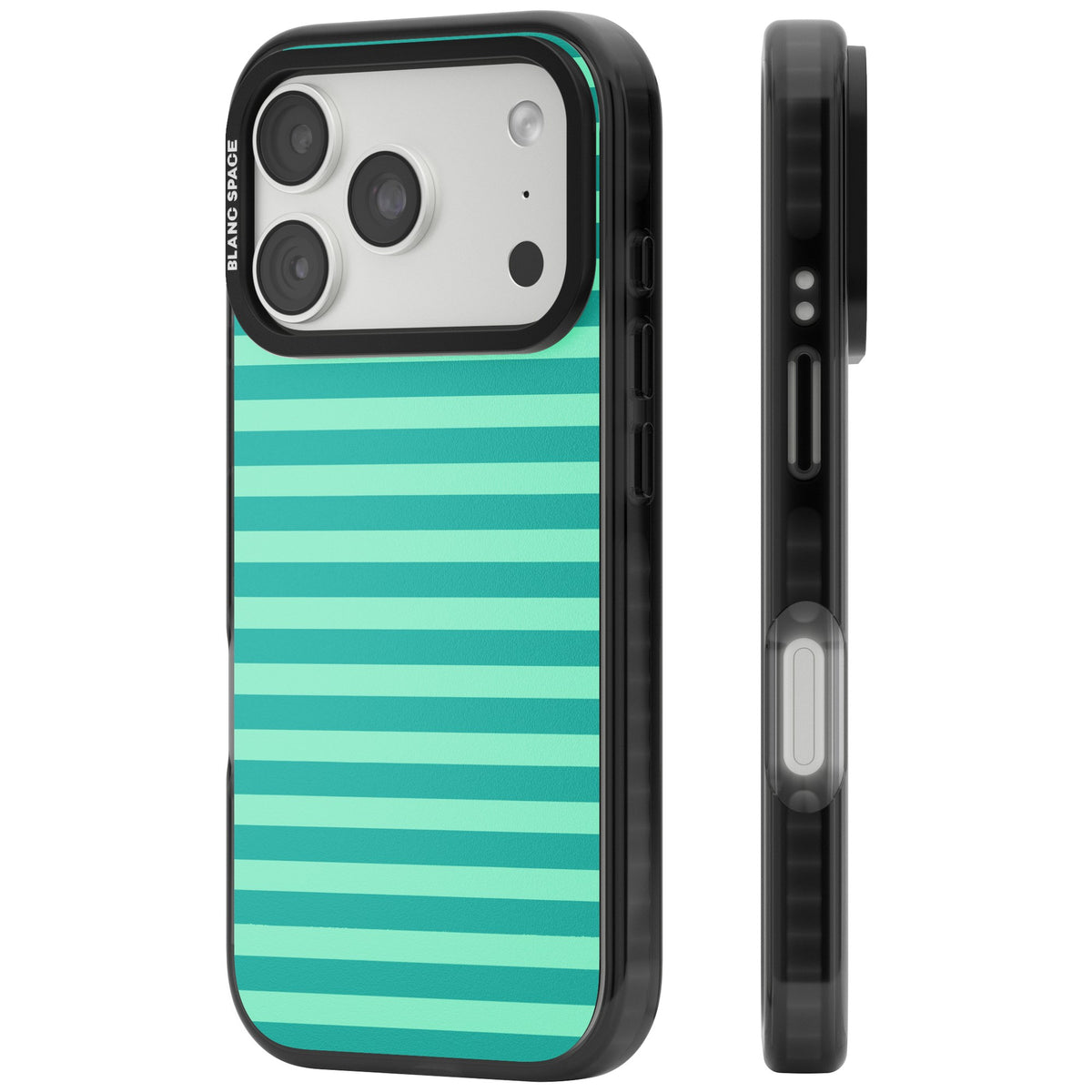 Turquoise Stripe preppy iPhone case featuring horizontal teal and mint green stripes on a black protective frame iPhone 18 Pro Impact Pro Black Phone Case side