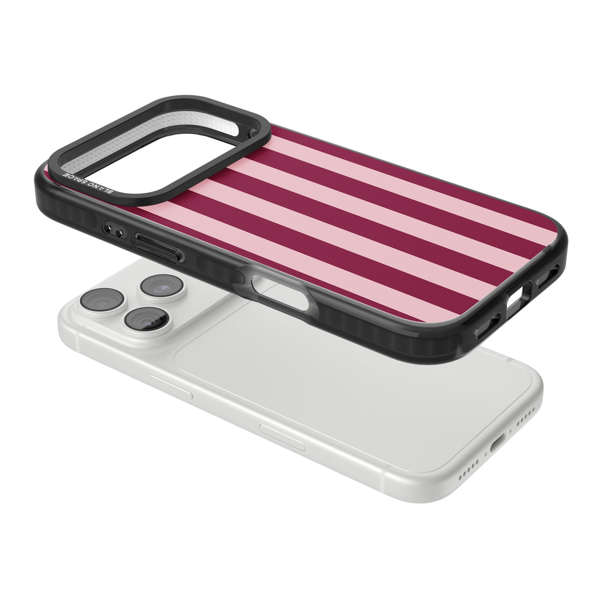 Bordeaux Belle preppy iPhone case featuring bold vertical stripes in burgundy and soft blush pink iPhone 18 Pro Impact Pro Black Phone Case angled