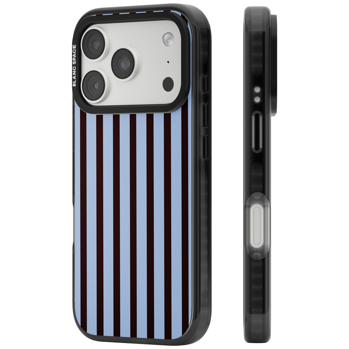 Blackcurrant Stripe preppy iPhone case featuring vertical burgundy and light blue stripes in a classic pinstripe layout iPhone 18 Pro Impact Pro Black Phone Case side