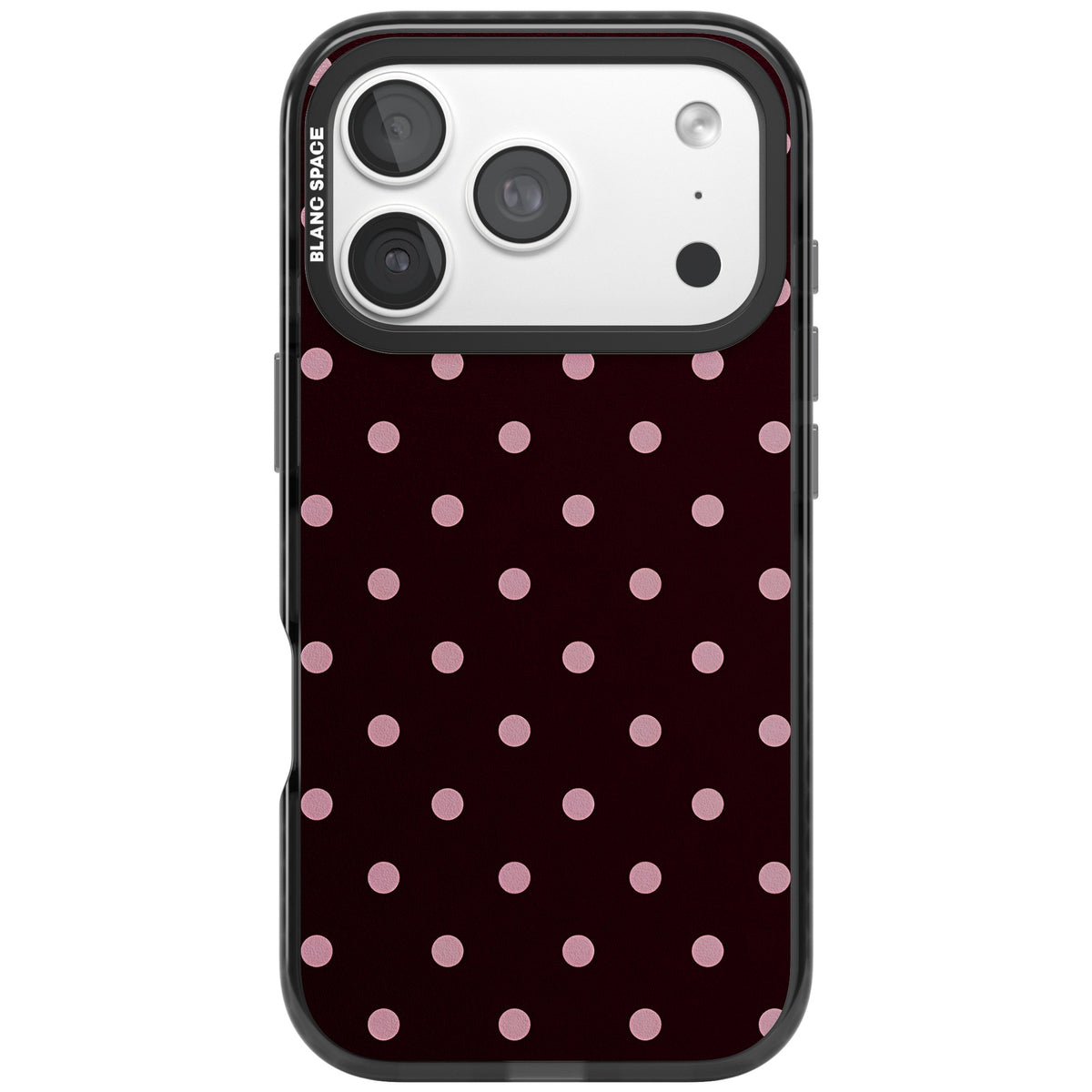 Merlot Dots polka dot iPhone case featuring dusty pink spots on a deep burgundy background in a retro grid iPhone 18 Pro Impact Black Phone Case front