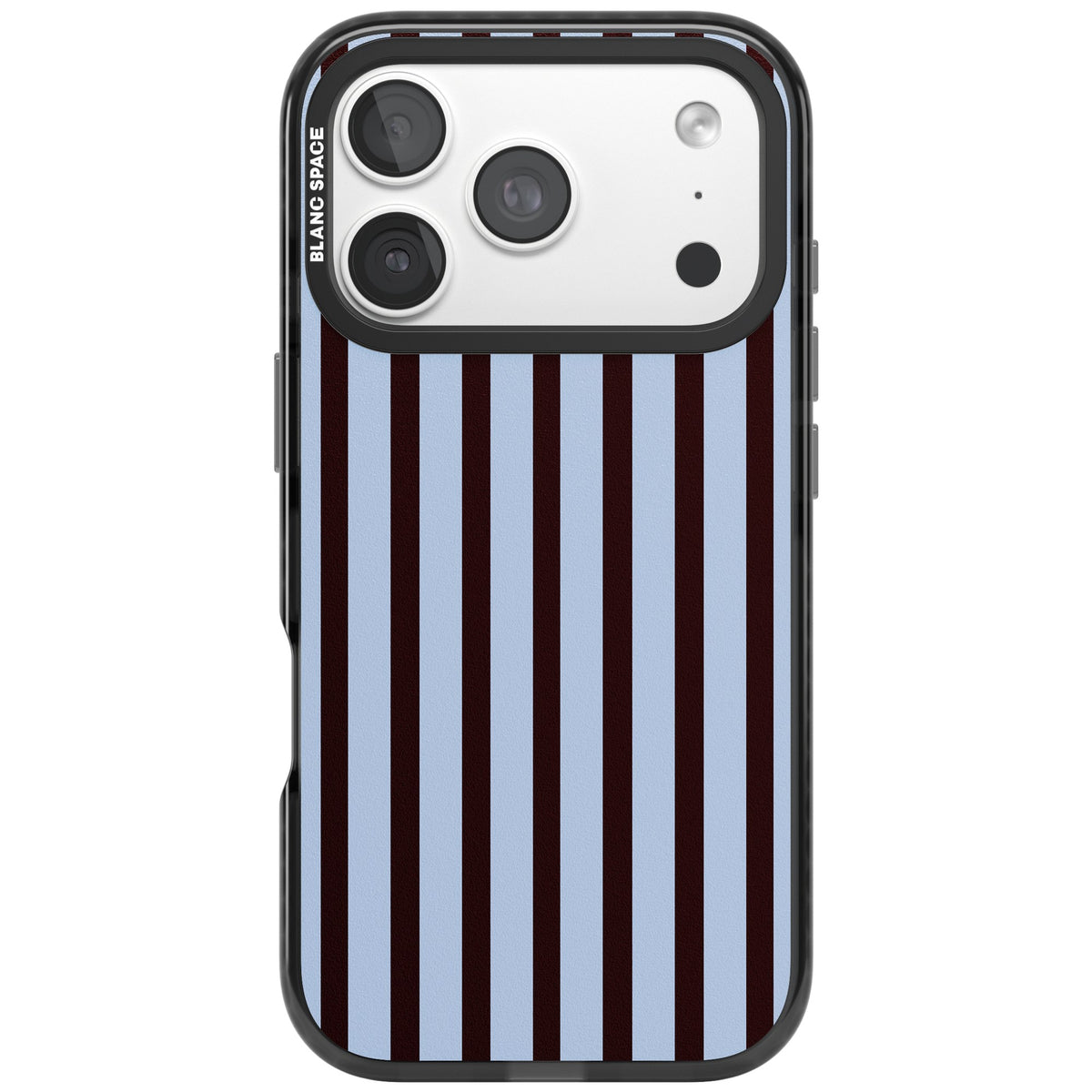 Blackcurrant Stripe preppy iPhone case featuring vertical burgundy and light blue stripes in a classic pinstripe layout iPhone 18 Pro Impact Black Phone Case front