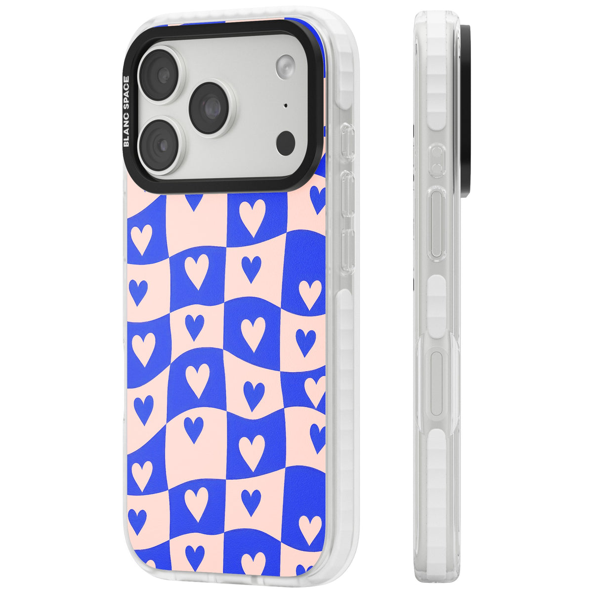Blue Wavy Checked Hearts iPhone 18 Pro Impact Clear Phone Case side